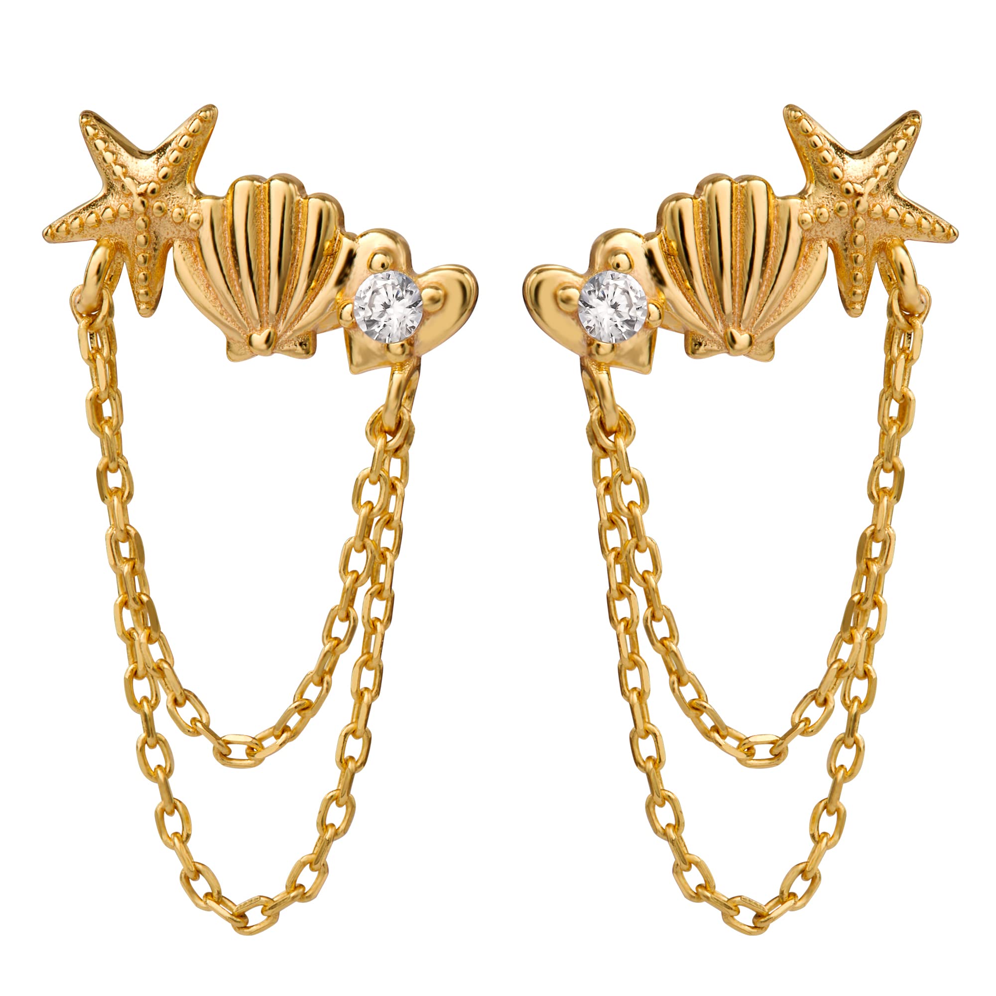 Disney Princess The Little Mermaid Gold Plated Sterling Silver Seashell Chain Dangle Earrings, Officially Licensed