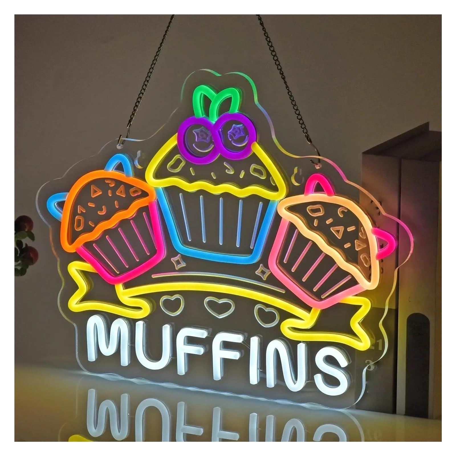 Hängende Kunst Leuchtreklamen Muffins Neonschild, LED-Licht Für Heiße Kuchen, Snacks, Geschäft, Süßwaren, Convenience-Café, Dessertladen, Wanddekoration, Dimmbare Lampe 42.9cmx33cm