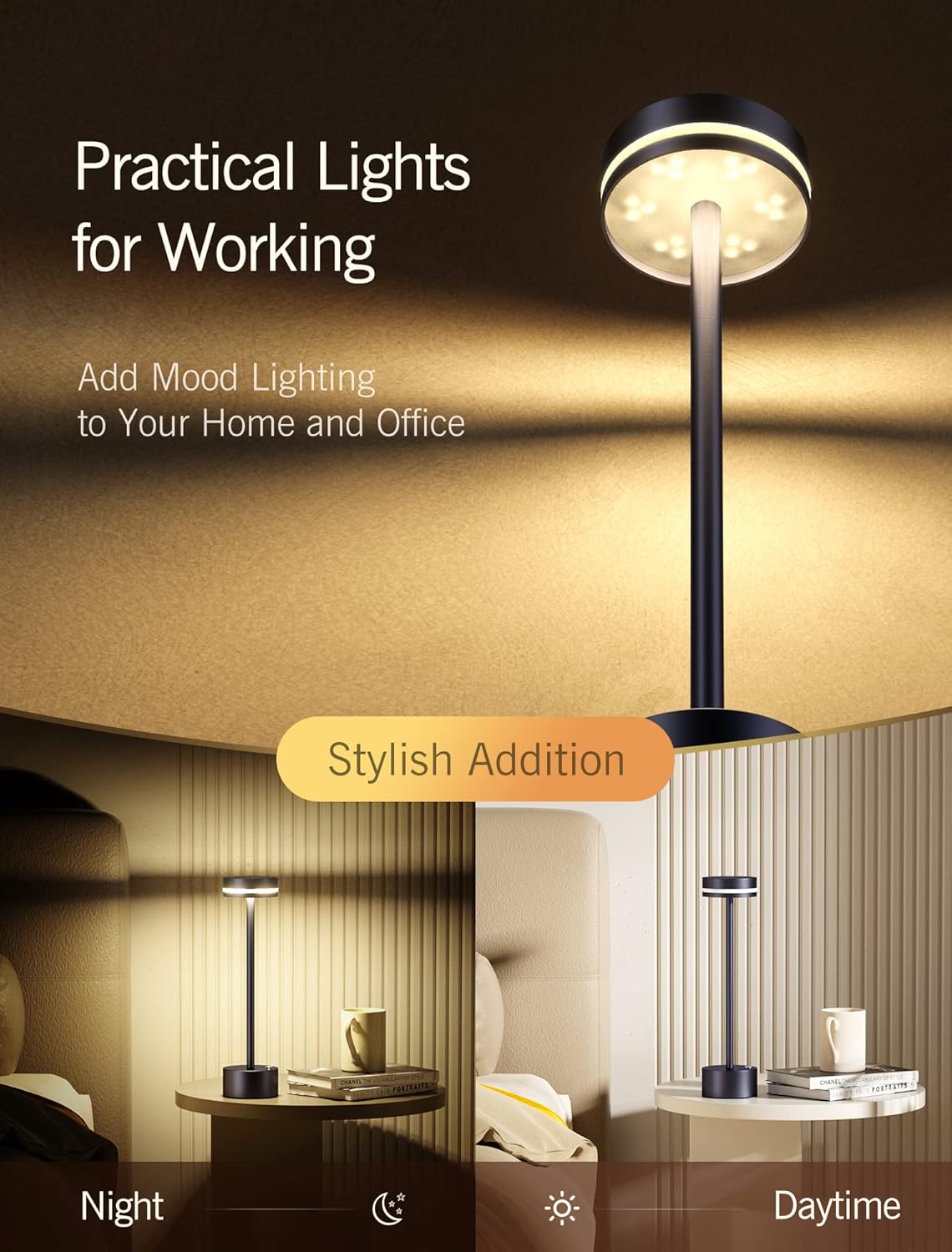 2 Pack Cordless LED Table Lamp, 3-Level Brightness, Stepless Dimmable Bedside Lamp, Rechargeable Touch Control Desk Lamp Up to 48 Hours Usage, Portable Metal Table Light for Outdoor Room Office(Brown)