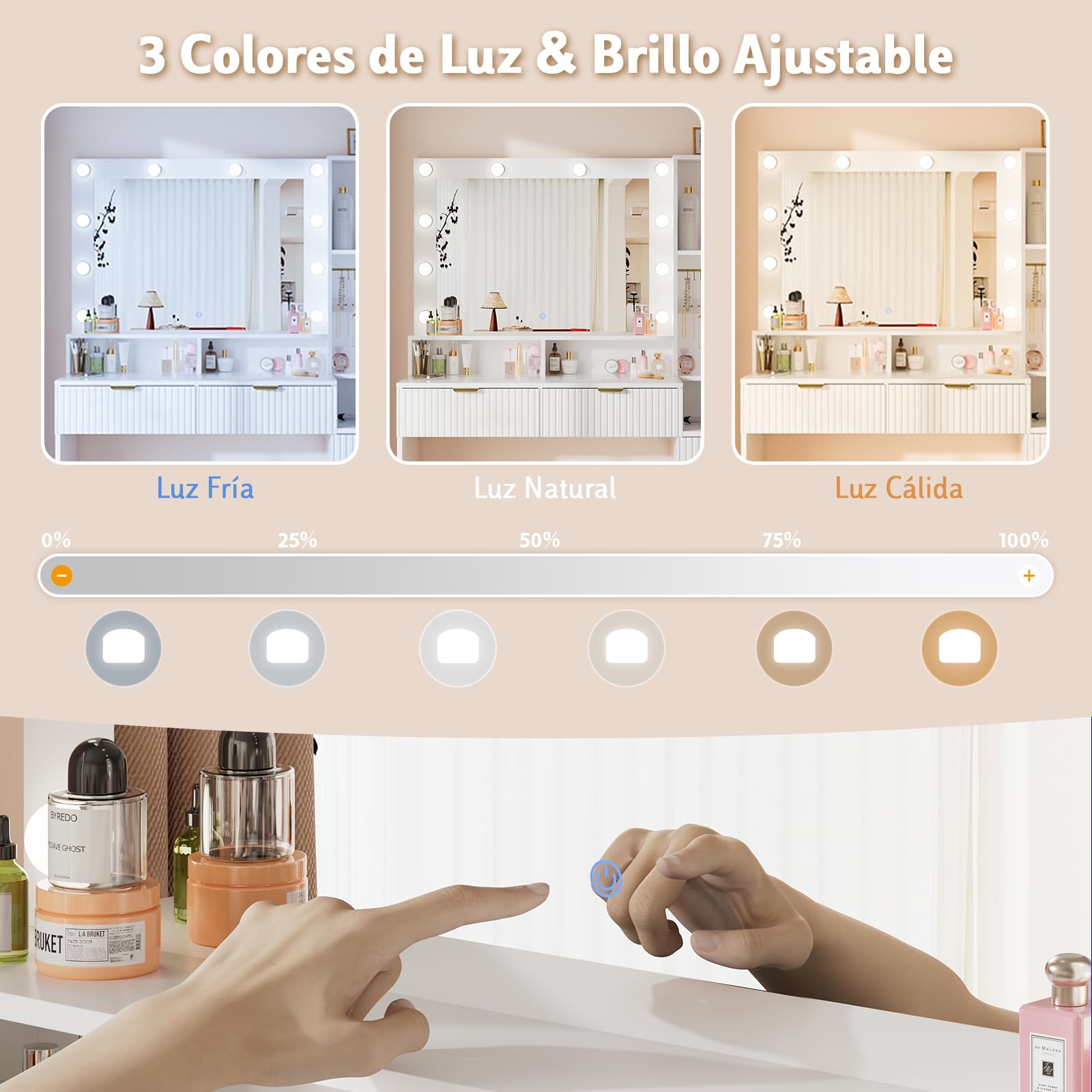 Airfish Tocador de Maquillaje con Espejo y Luz LED, Mesa de Maquillaje Grande con Enchufes, 12 Ganchos para Joyas y 5 Cajones, Tocador con Estantes Abiertos para Dormitorio, Moderno (Blanco)