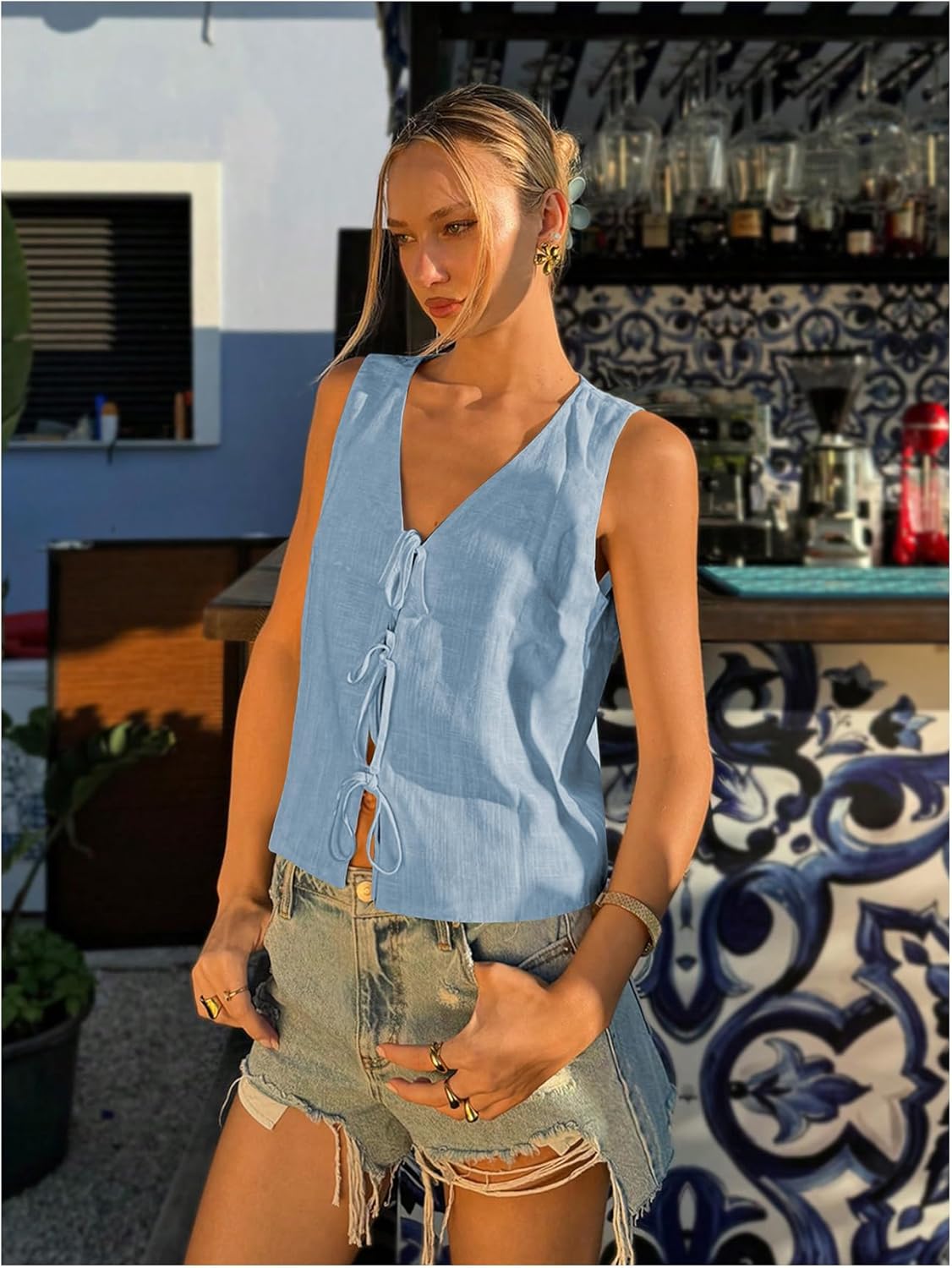 Verdusa Women's Linen Clothes Tie Front Tops Going Out Top Trendy Sleeveless Vest Shirts - Image 6