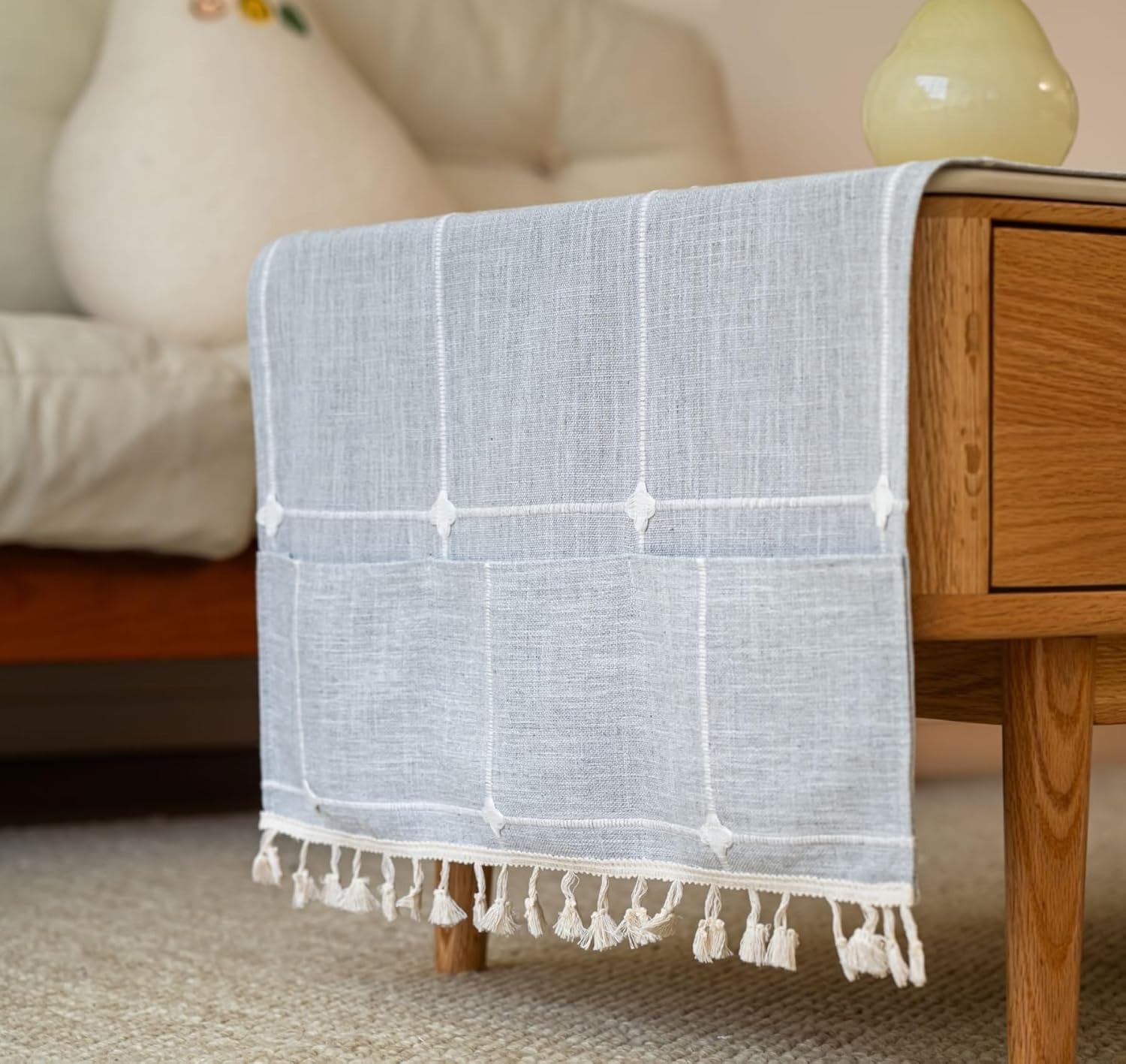 Modern Coffee Table Cloth with Storage Pockets on Both Side,Farmhouse Coffee Table Cover Rectangle with Tassels,Waterproof Tablecloth for Living Room,Machine Washable (67" L x 27.6" W)