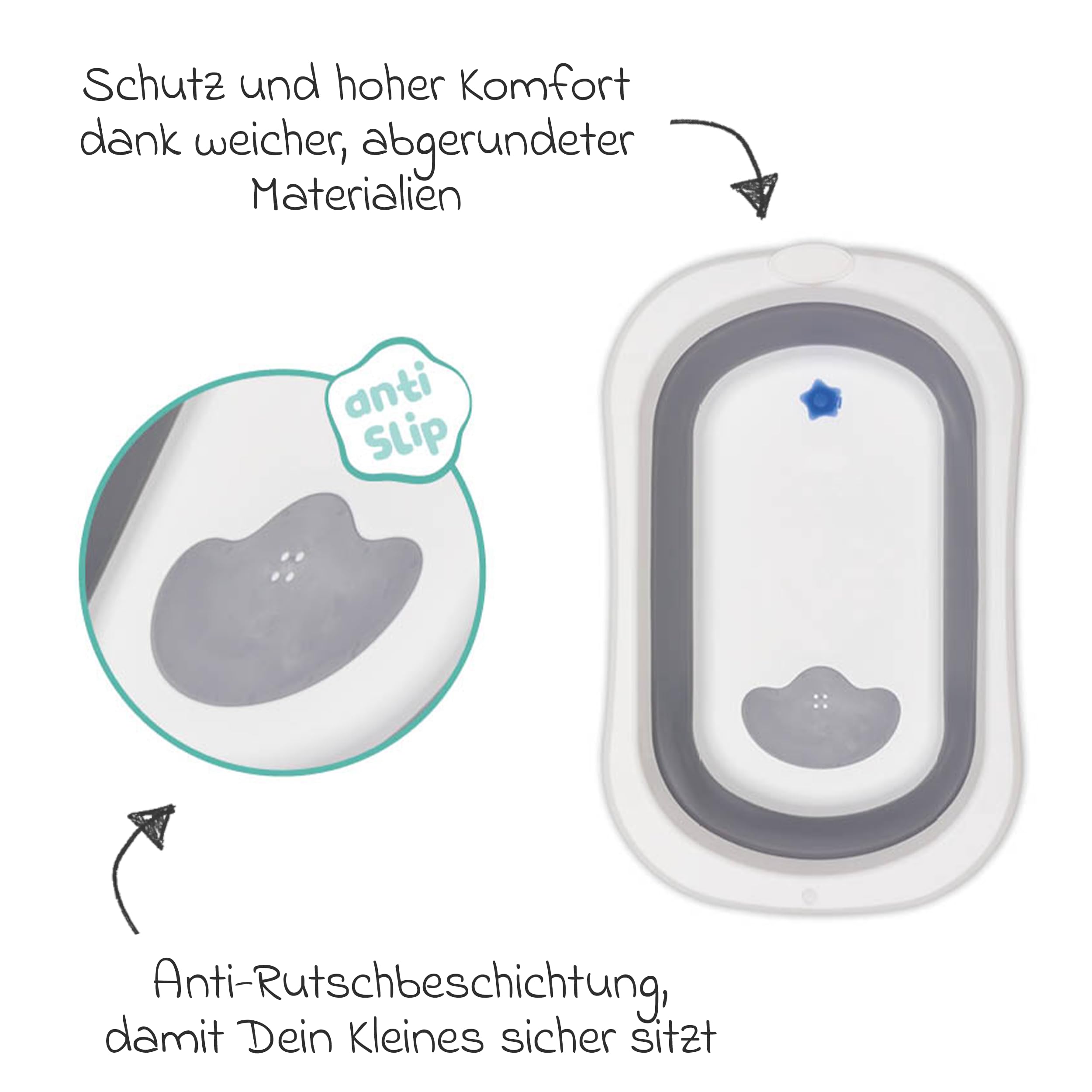 Fillikid Orka, vasca da bagno pieghevole per bambini, grigio/bianco | Vasca salvaspazio con gambe pieghevoli, rivestimento antiscivolo e tappo di scarico