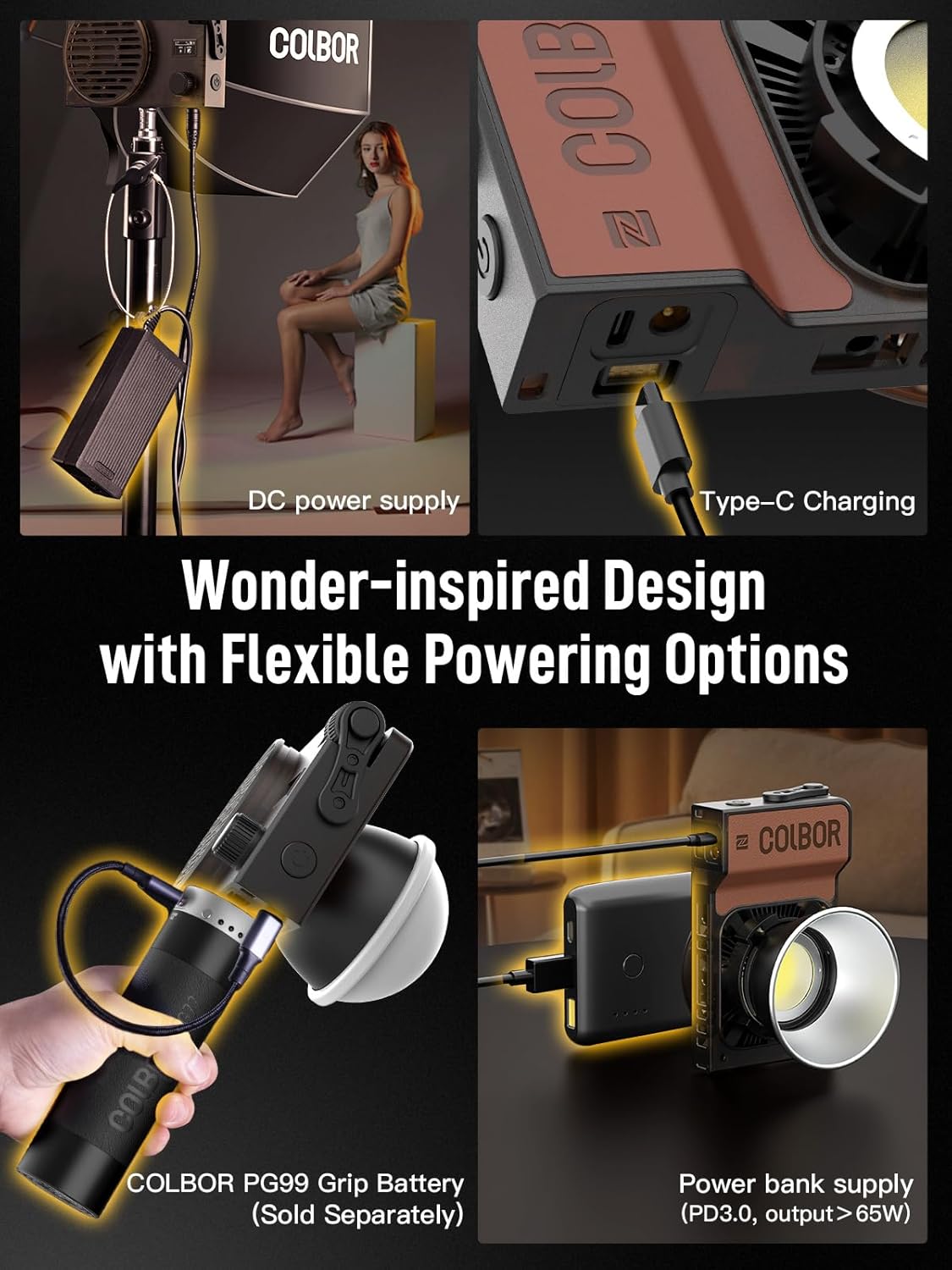 Images demonstrating various powering options for the COLBOR W100: DC power supply, Type-C charging, COLBOR PG99 Grip Battery, and power bank supply