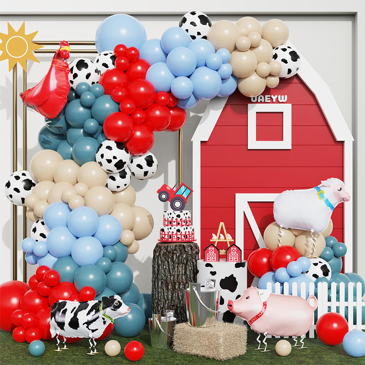 Farm Animals Party Decorations 138Pcs Cow Print Balloon Arch Garland Kit Red Blue White Sand Cow Print Balloons Walking Animal Balloons for Farmhouse