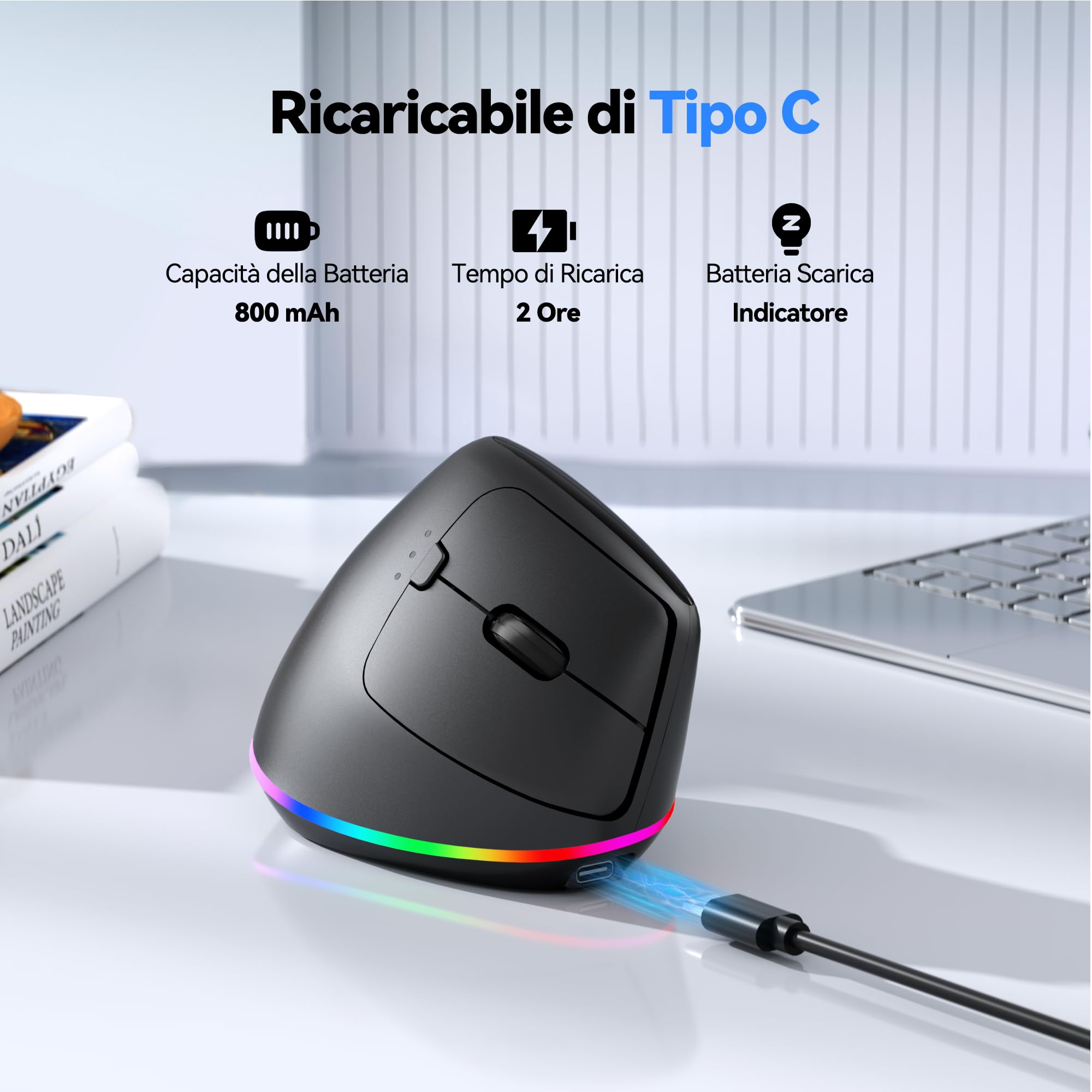 TECKNET Mouse Ergonomico Wireless, Mouse Verticale Ricaricabile, Mouse Bluetooth+ 2,4 GHz, Mouse Wireless Silenzioso, 4800 DPI Regolabili, 6 Pulsanti, RGB Chroma, Compatibile con PC/Windows/Mac