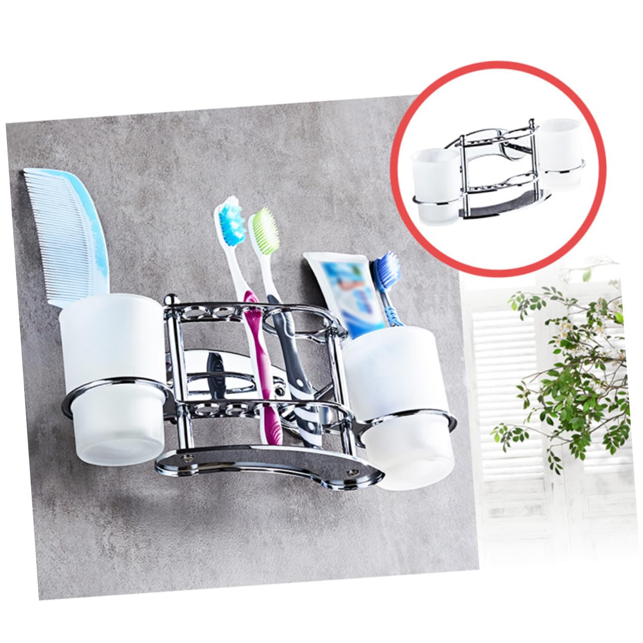Soporte para Cepillo de Dientes Inoxidable Poseedor Estante Doble Tazas Soporte para Cepillo de Dientes con Taza portavasos para Hacer gárgaras Titular de baño