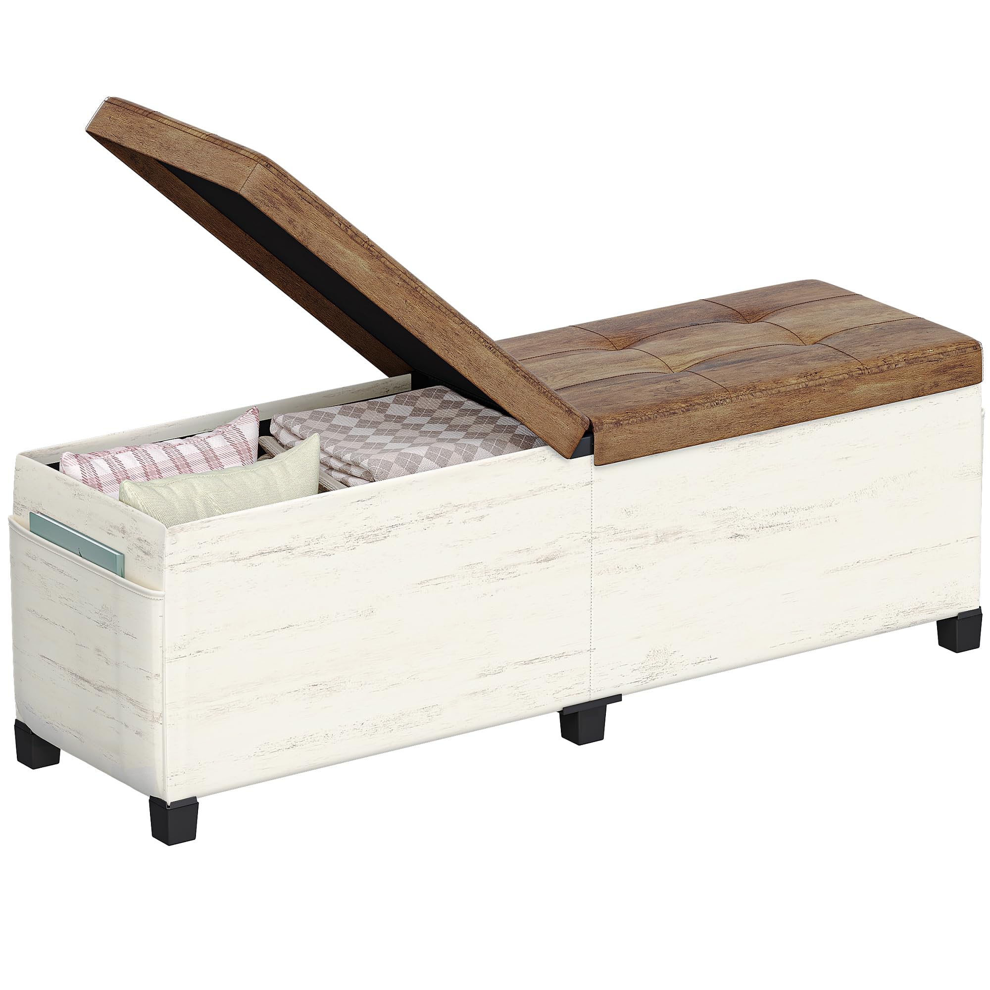 Hzuaneri Truhenbank mit Stauraum, Faltbar, Weiß Braun, 40x140x44cm | Aufbewahrungsschrank, Leinenbezug, Tragkraft 150 kg, Für Wohnzimmer, Schlafzimmer, Flur, SB31499YW