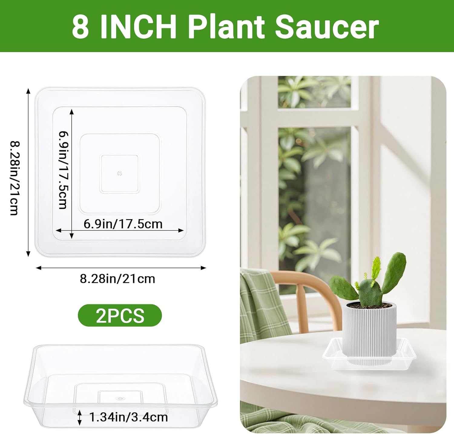 GREANER 8 Inch Plastic Plant Saucer, Clear Pebble Tray for Plant Humidity, Flower Plant Drip Trays for Indoor & Outdoor Plants(2 PCS)