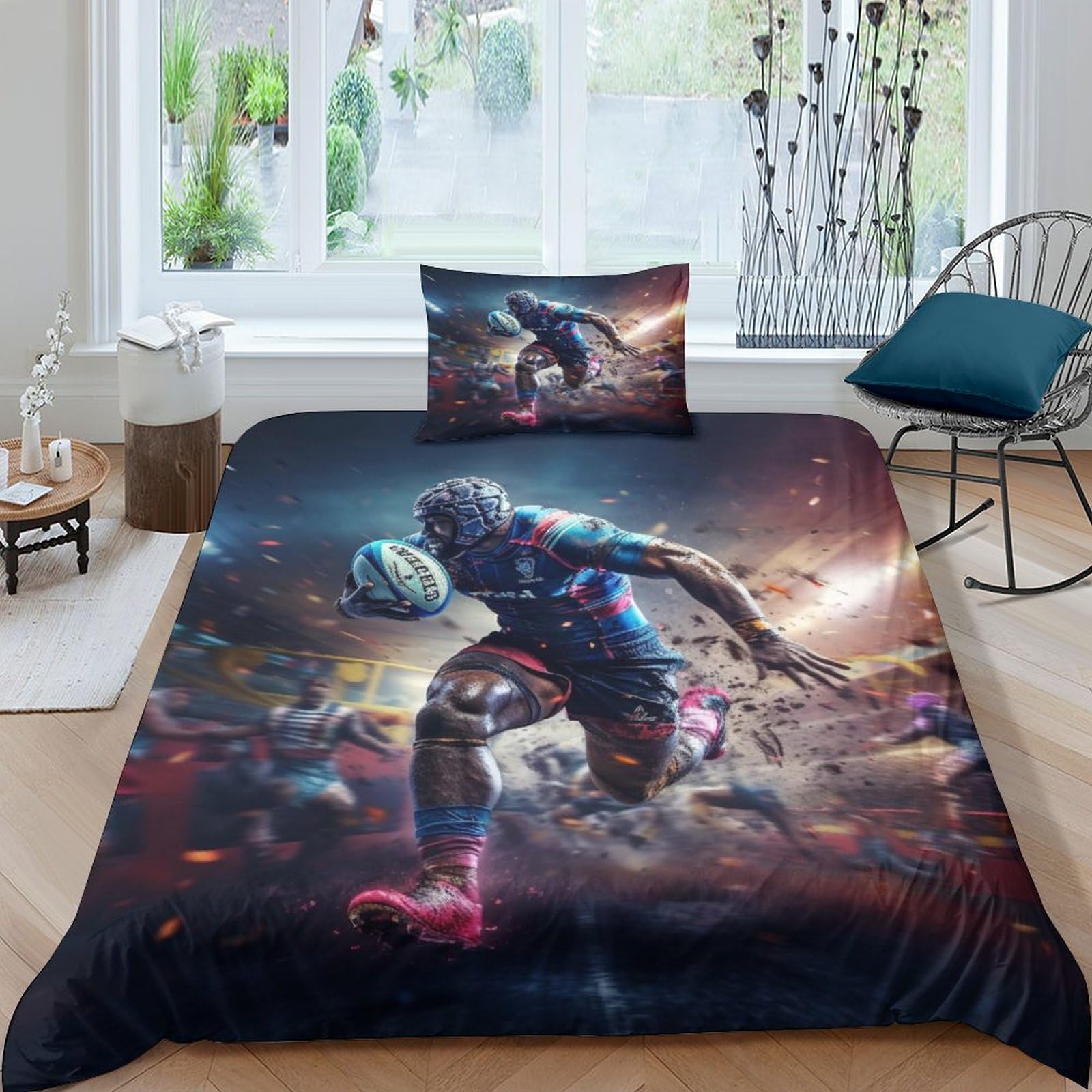 Opsrey Rugby Bedding Set Sleeping Aid Duvet Cover Set Soft Microfiber Athletics Quilt Cover With Pillowcases Comforter Cover With Zipper Closure For Kids Teens Adults Single（135X200cm）