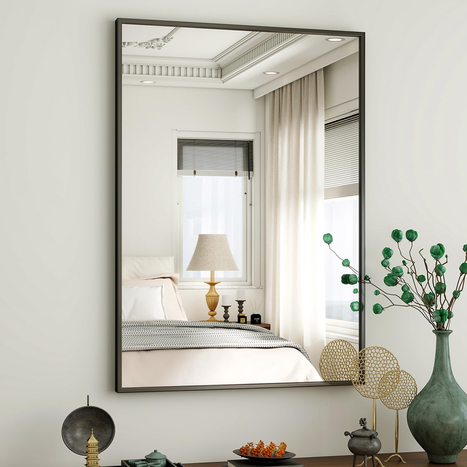 HARRITPURE 38"x26" Rectangular Bathroom Mirror Vanity Wall Mirrors Aluminium Alloy Frame Wall-Mounted for Over Sink Entryway Bedroom Living Room Black