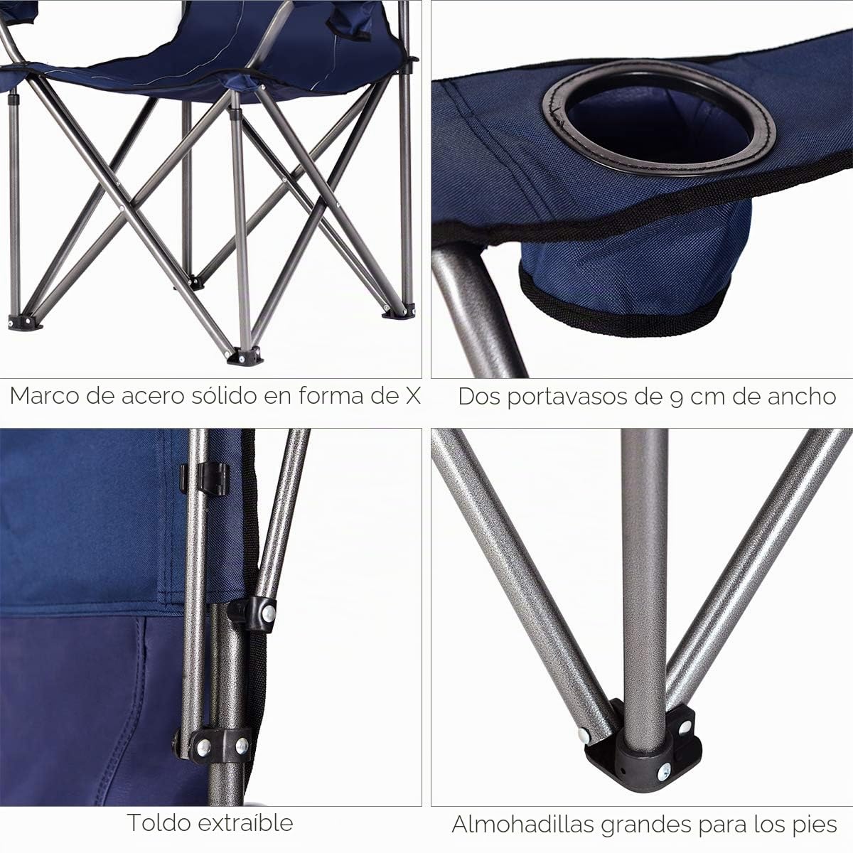 RELAX4LIFE Silla Plegable Camping con Toldo para Pesca y Marco de Acero, Silla de Playa de Tela Oxford con Soporte para Bebidas y Bolsa de Transporte para Excursión y Camping, Carga 120kg (Azul)