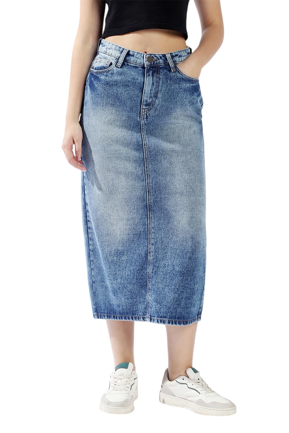 High Star Women Washed Midi Pencil High-Rise Back Side Slit Denim Skirt-image-5