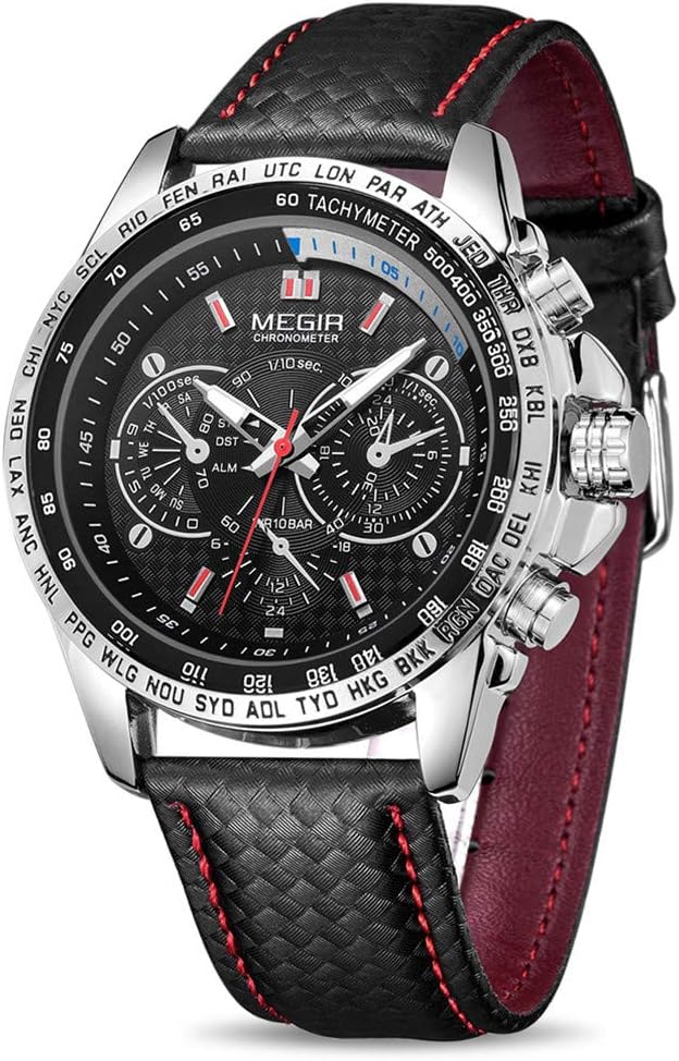 MEGIR Men Wrist Watch Leather Waterproof Luminous Analog Quartz Sport Casual Watch with Calendar for Business Work School Outdoor