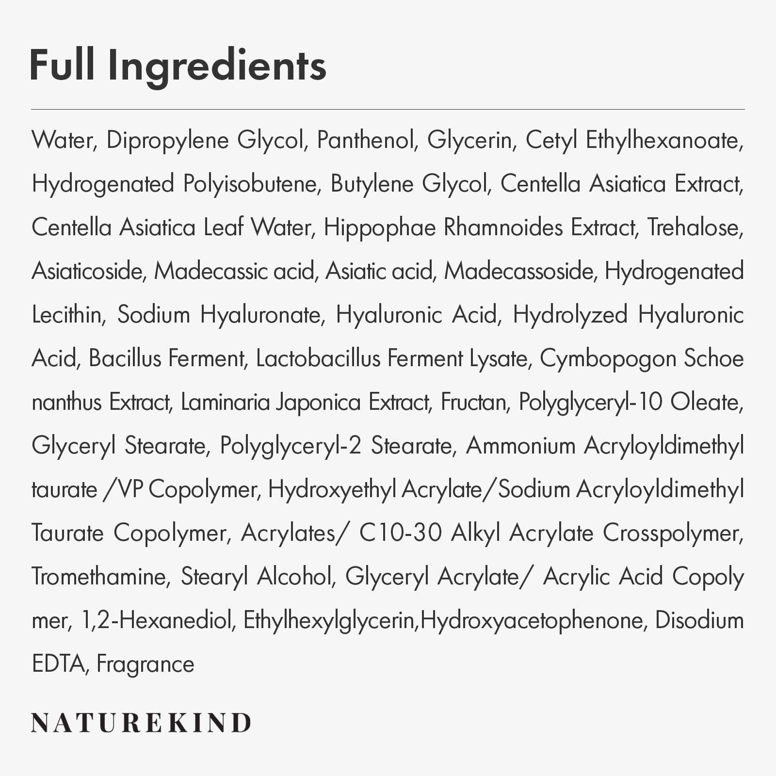 NATUREKIND Cica Panthenol Cream, 50,000 ppm Pantenol, Centella Asiática y Ácido Hialurónico, Hidratante Reparador Barrera para Piel Seca y Sensible, Cuidado de la Piel Coreano, 150 g