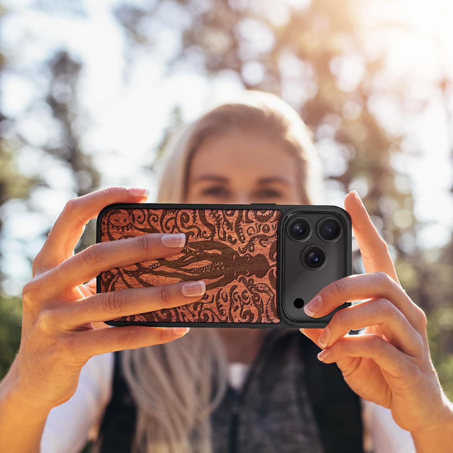 Carveit Magnetic Wooden Case for iPhone 17 Pro Max Case, Wood Artisan Engraved & Black Soft TPU Shockproof Cover, Compatible with MagSafe Wireless Chargers (The Octopus's Nocturne) Rosy