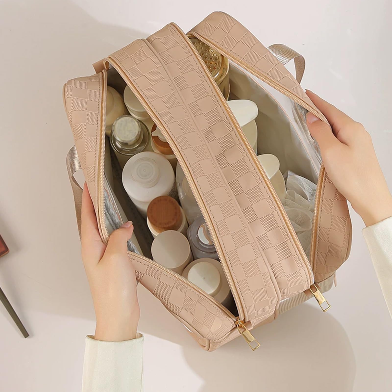 Borsa da Viaggio Impermeabile in PU, Beauty Case Portatile per Donna, Design a Doppio Strato, separazione tra Bagnato e Asciutto, pronta all'Uso in Qualsiasi Momento, per Una Vita