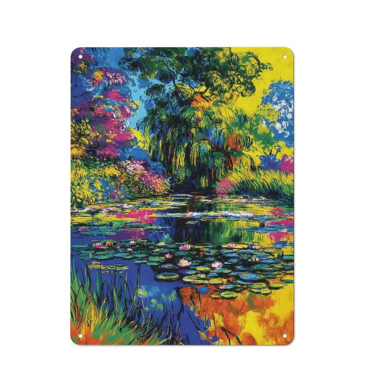 Junmoney Colorful Water Lily Pond Painting -1 Rustic Metal Sign 40X30cm For Guest Room Or Hallway, Suited To Hallway Wall Decor Fans