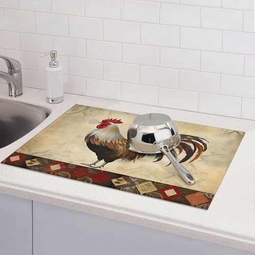 Vista 7 de Tapete de secado de platos de gallo para cocina, tapete absorbente de secado de cocina reutilizable, lavable, tapete grande de 18 x 24 pulgadas