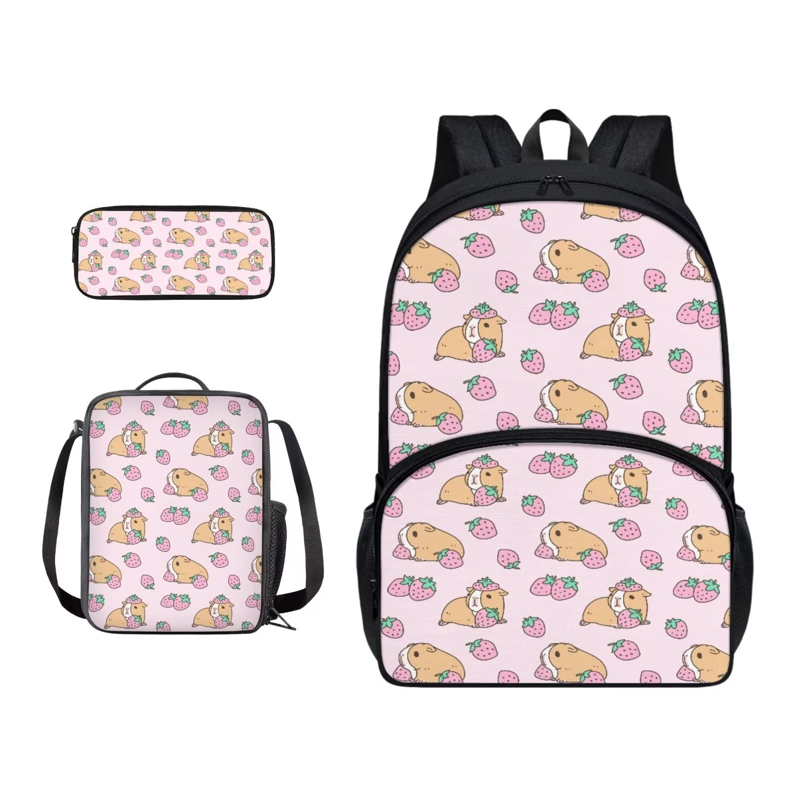 Poceacles Schultasche und Lunchbox-Set für Teenager, Jungen, Grundschule, Büchertasche, Federmäppchen für Grundschulkinder, Erdbeere Meerschweinchen, Einheitsgröße