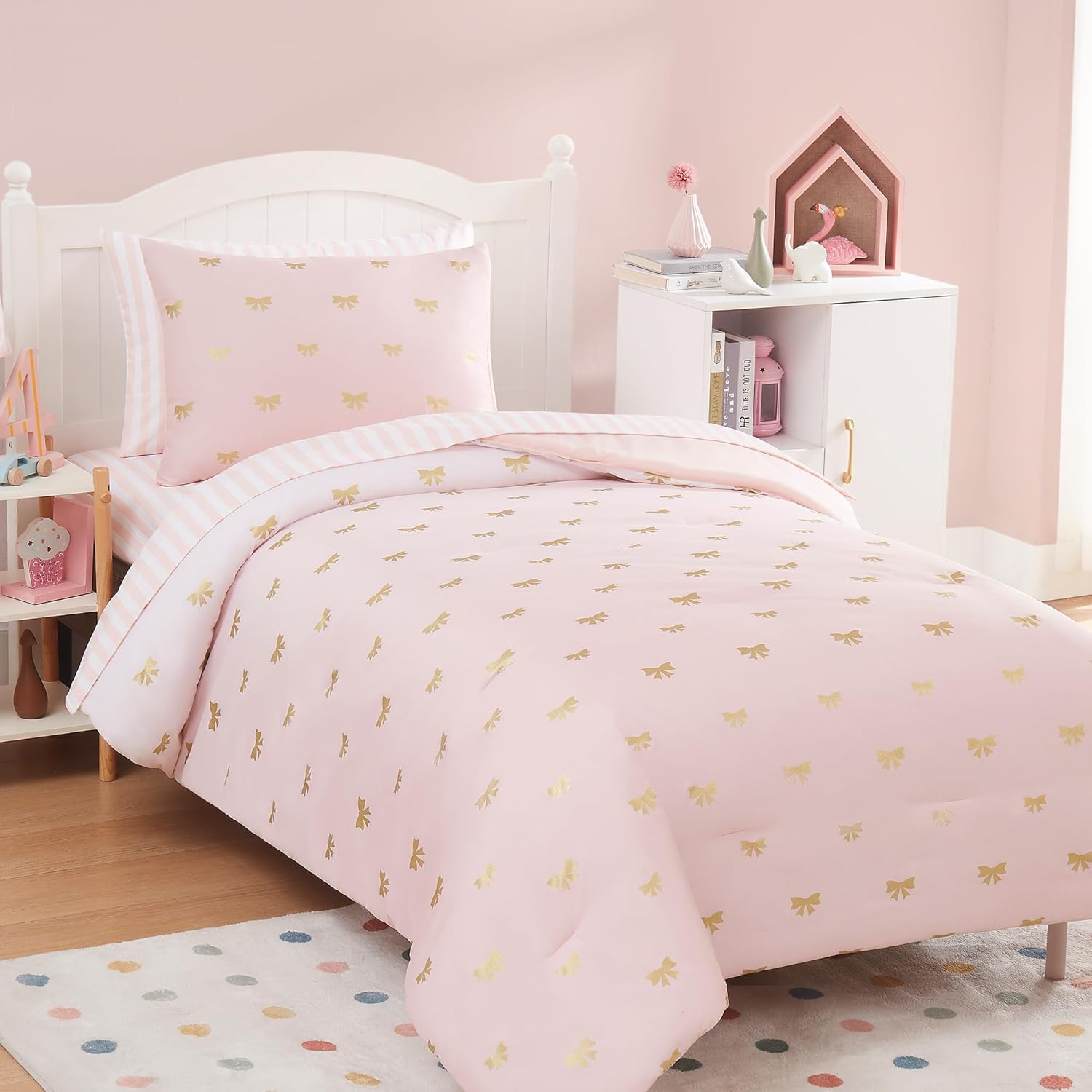 Twin Comforter Set with Sheets for Girls-5 Pieces Twin Bedding Sets with Pink Comforter, Sheets, Pillowcase & Sham for Kids (Pink Gold Bow, 66" X 86") - Image 5