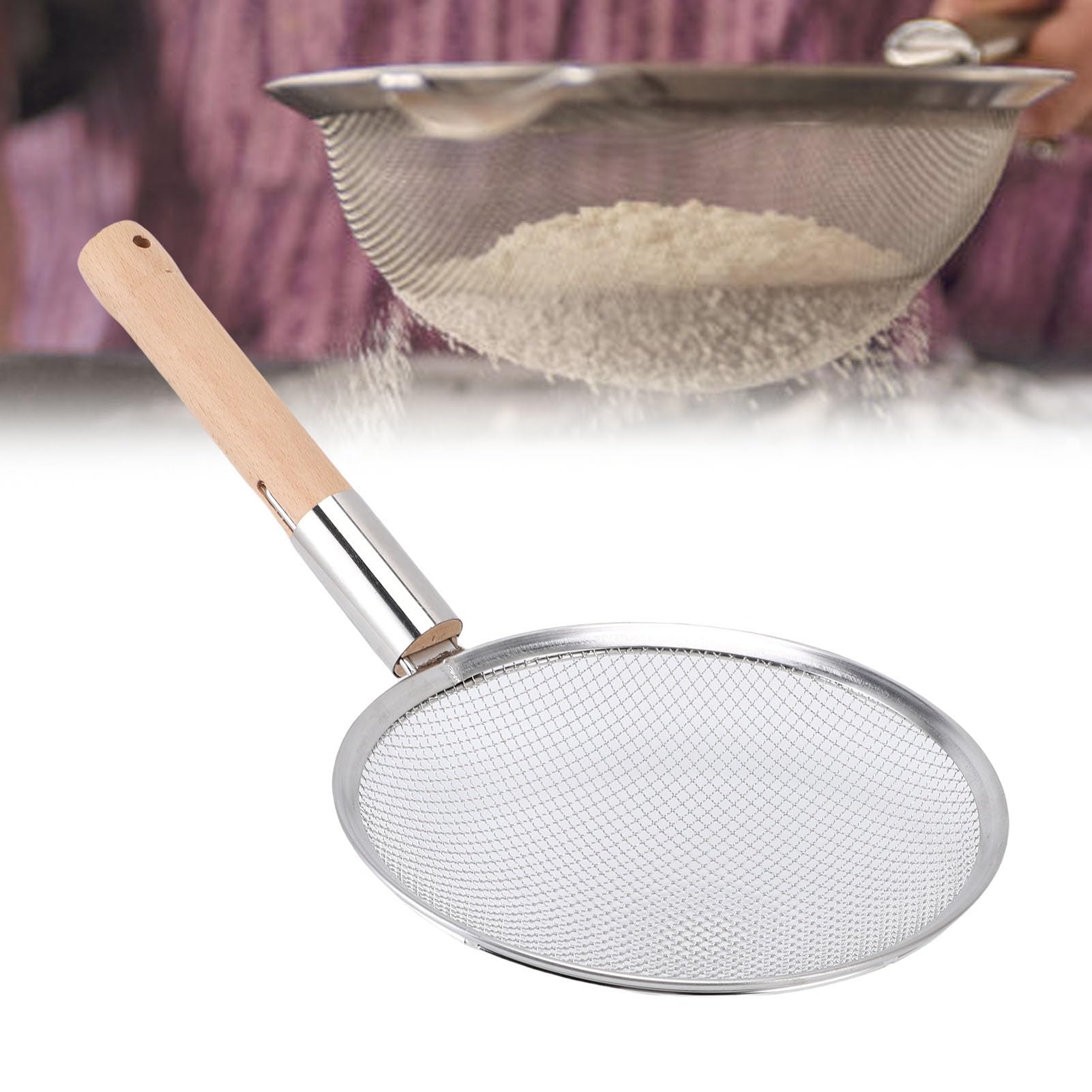 Schaumlöffel, Spinnensieb aus Edelstahl 201, Feinmaschiges Sieb mit Ergonomischem Holzgriff für Fett, Soße und Schaum, Kochen in der Küche, Restaurants und den Heimgebrauch (26CM)