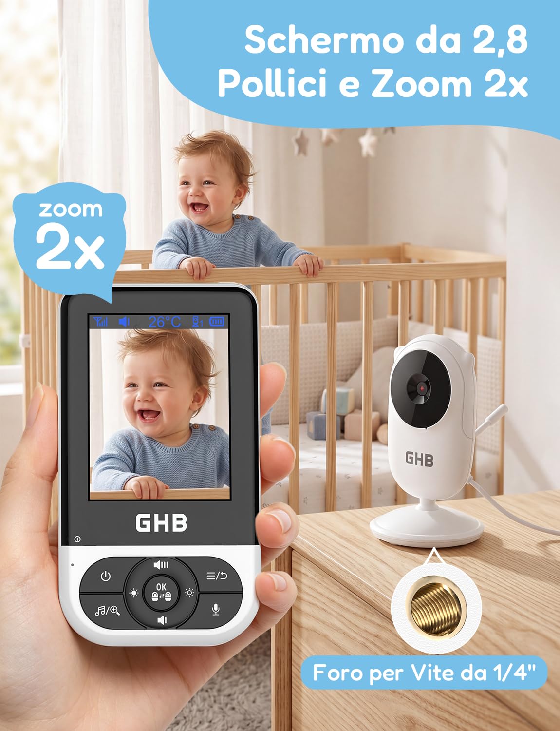 GHB Baby Monitor Video e Audio 2,8'', Telecamera Bambini con Monitor Visione Notturna, Audio Bidirezionale, Rilevamento della Temperatura, Promemoria per l'alimentazione, Ninna Nanna, Nero