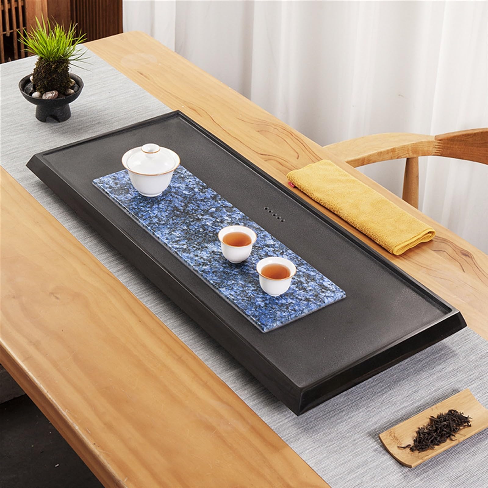 Bandeja de té Sencilla, Juego de té, Bandeja de té de ebonita Natural, Mesa de té para el hogar, Juego de té para la Sala de Estar, Bandeja de té con Drenaje (70 x 35 cm)
