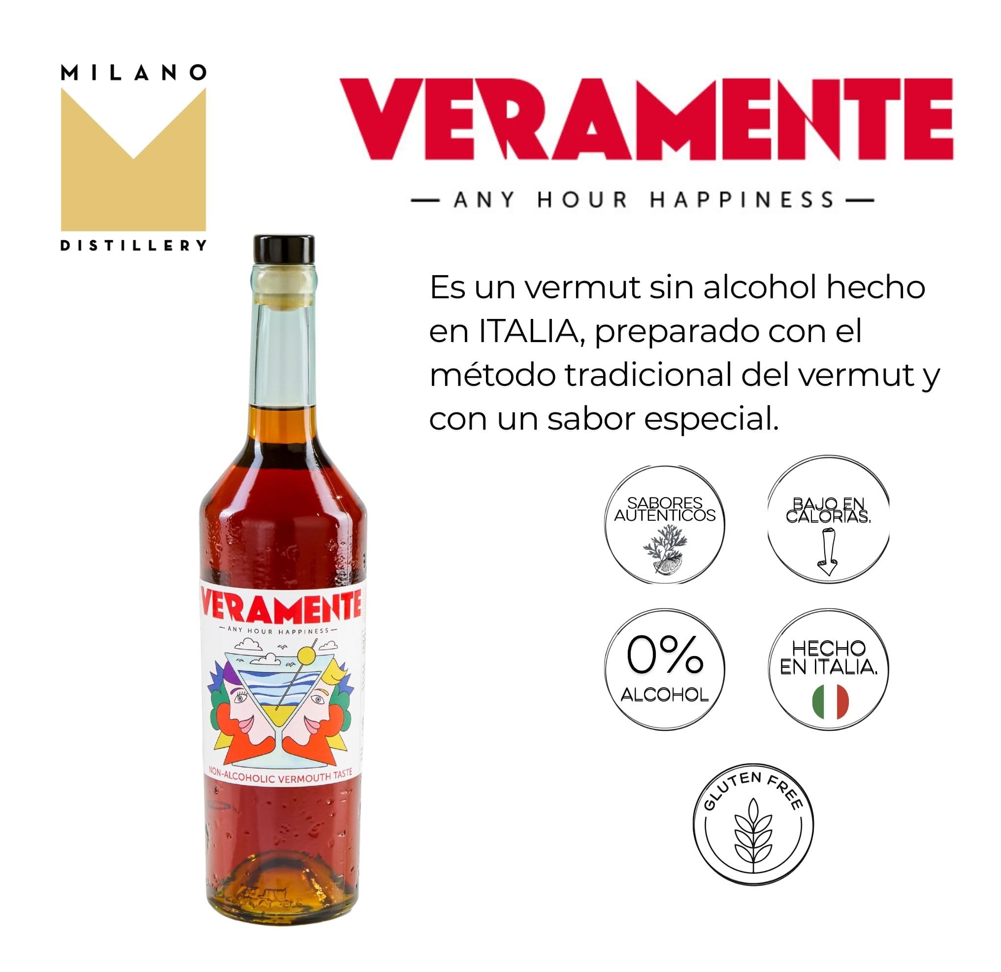 Vermut Veramente Sin Alcohol - Bebida de infusión botánica con aromas naturales de absenta, naranja, salvia, ruibarbo, sabores naturales - Botella de vidrio 750ml