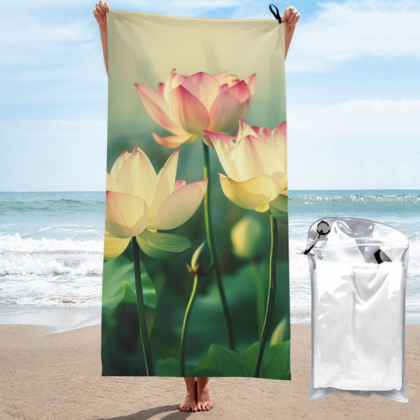 BWWHCCTI lotus flower Printed Microfiber Quick Dry Beach Towel 80x160 CM, Fast Drying Bath Towels with Bags for Travel,Camping,Gym,Beach,Swimming,Yoga