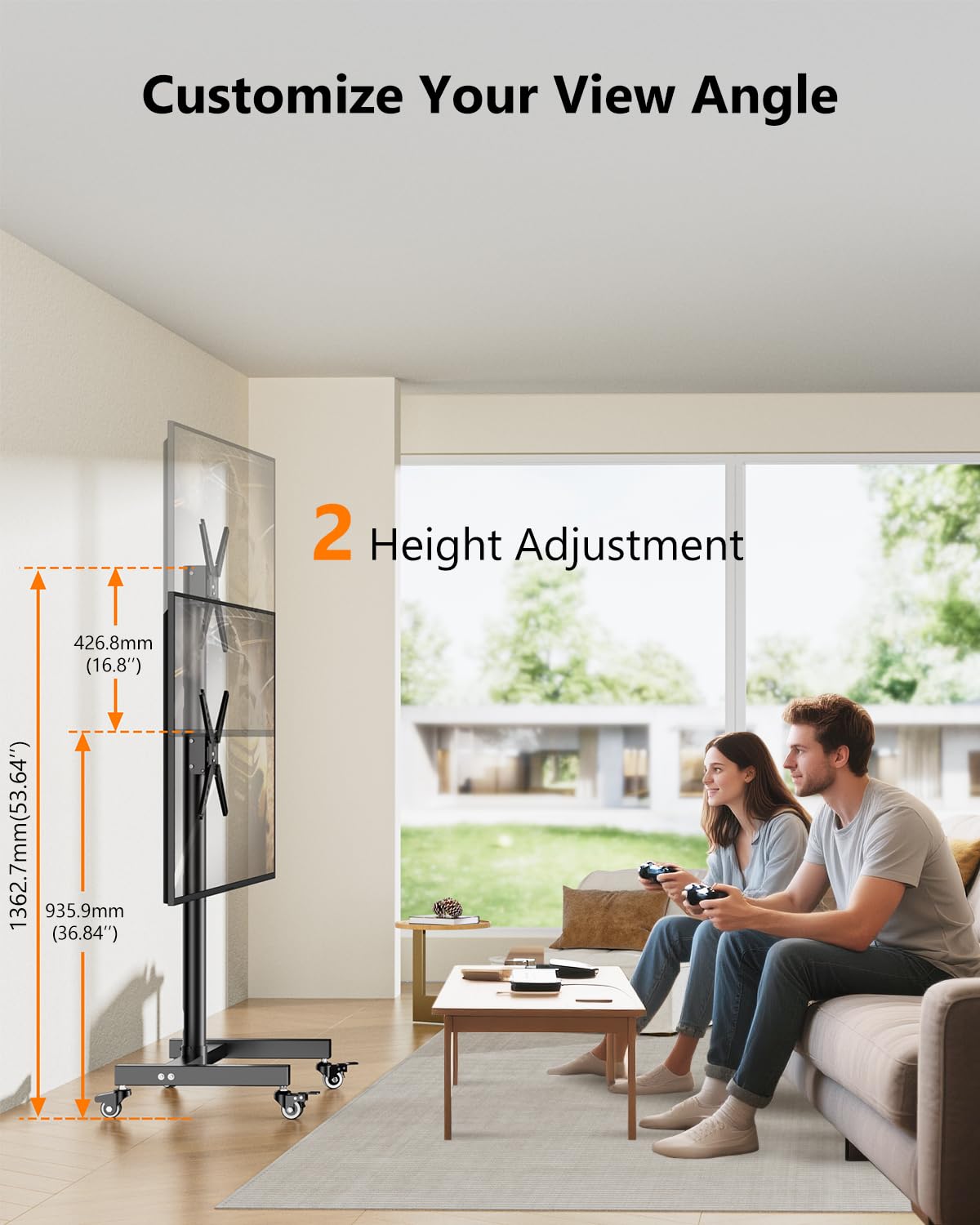 Soporte de TV móvil con Ruedas para televisores y monitores de 17 a 50 Pulgadas, Horizontal a Vertical, Altura Ajustable, Soporte de TV portátil con Ruedas MAX VESA 300 x 300 mm hasta 30 kg