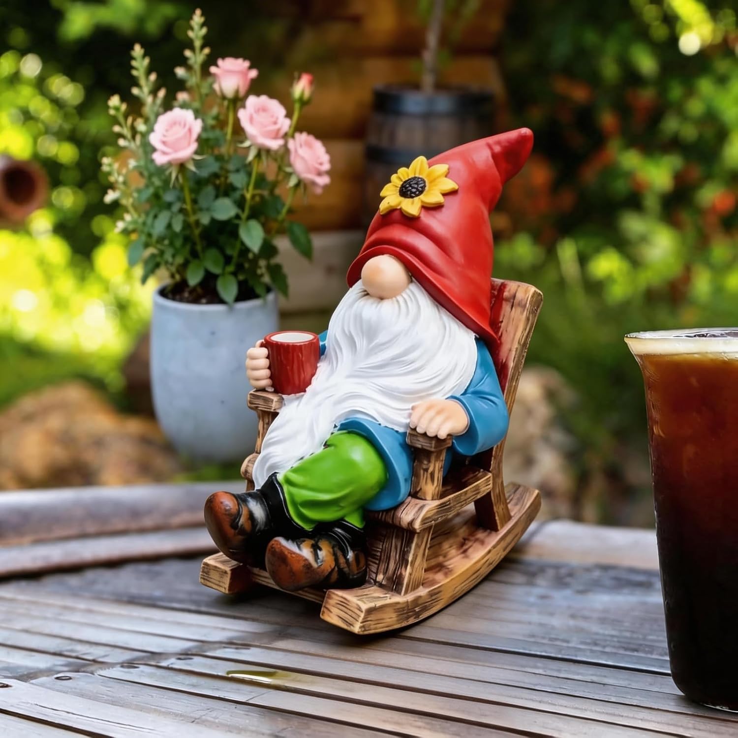 Outdoor Garden Gnome Statue Decoration - Funny Drinking Coffee gnomes Figurine Ornament for Indoor Outdoor Home Patio Yard Lawn - Lucky Gnome Unique Mom Birthday Gifts - Best Garden Gifts for Day