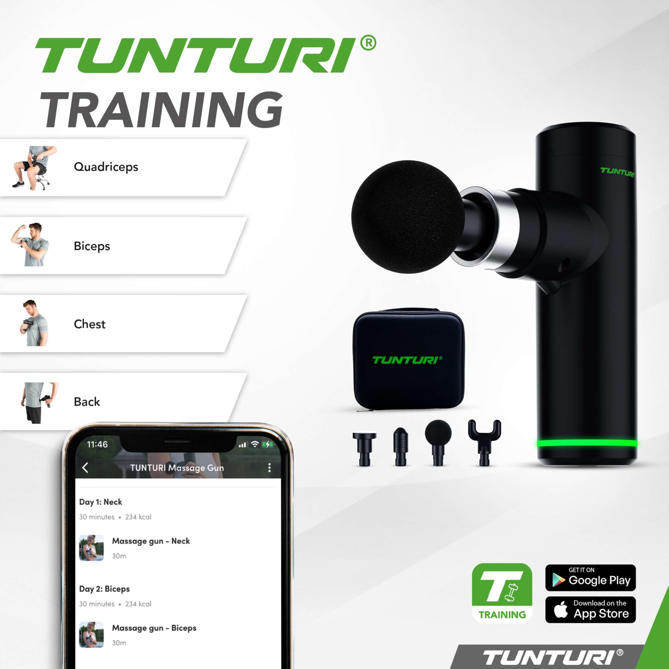 Tunturi Massage Gun Mini - Appareil de massage - Pistolet de massage - Rechargeable - 4 accessoires et étui inclus