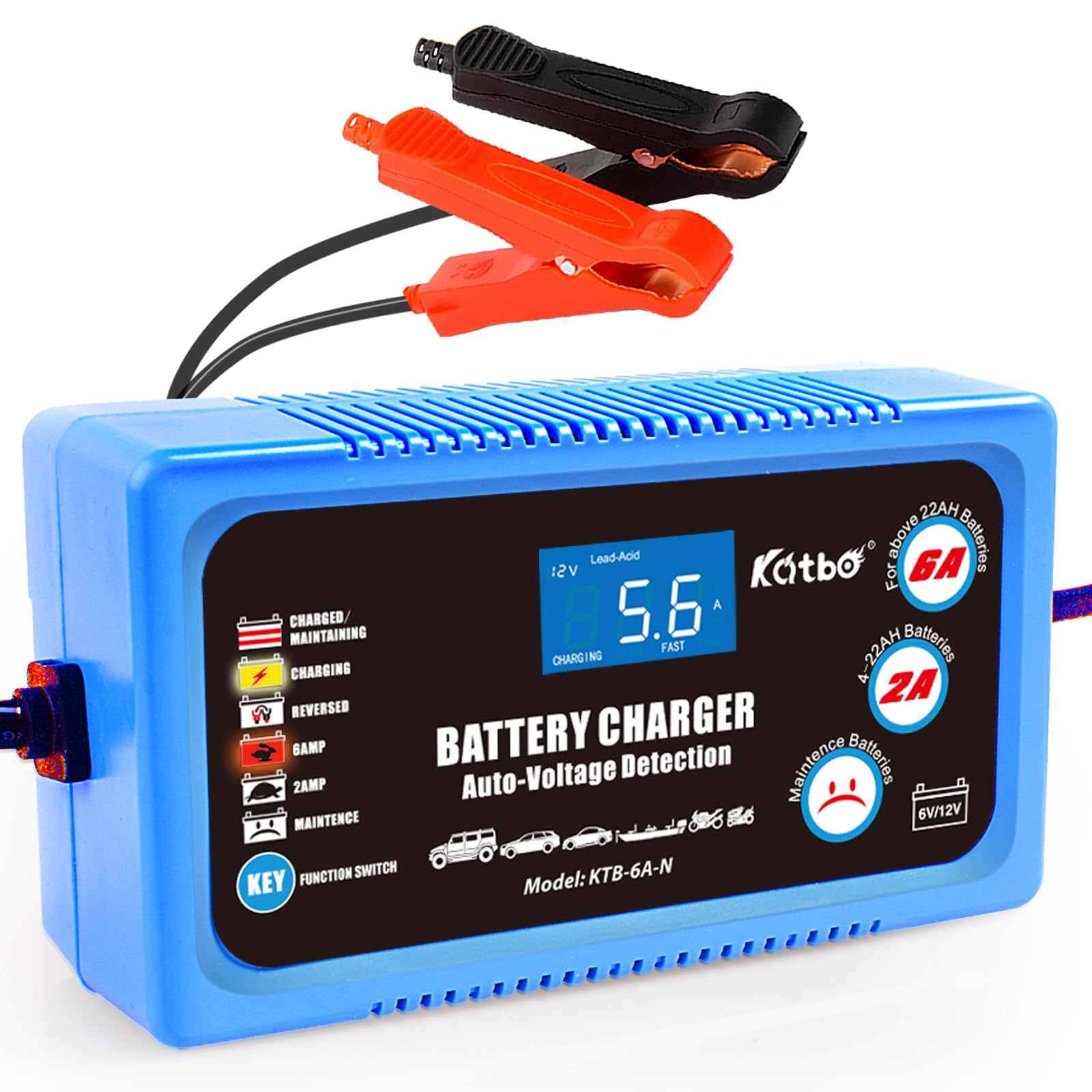 Katbo 6 Amp Smart Car Battery Charger 12V Trickle Battery Charger Automatic Identification of Batteries Voltage 6V 12V and Charging Current 2A or 6A Mode