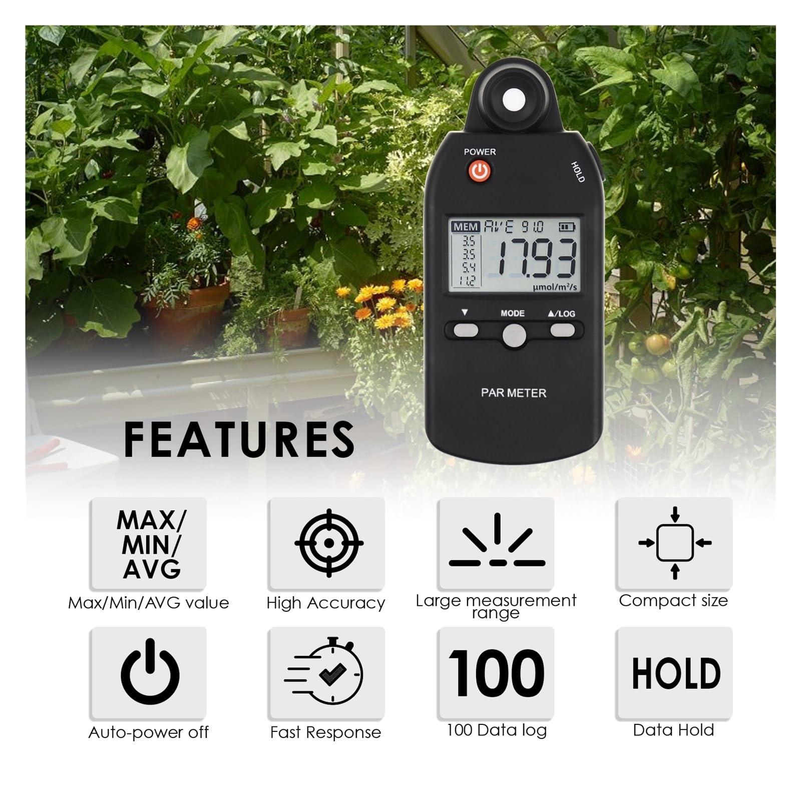 Medidor PAR, Sensor Cuántico Avanzado, Medidor De Intensidad De Luz De Crecimiento, Lux Tester For Plantas De Interior Y Exterior Luxómetro ideal para medir la intensidad