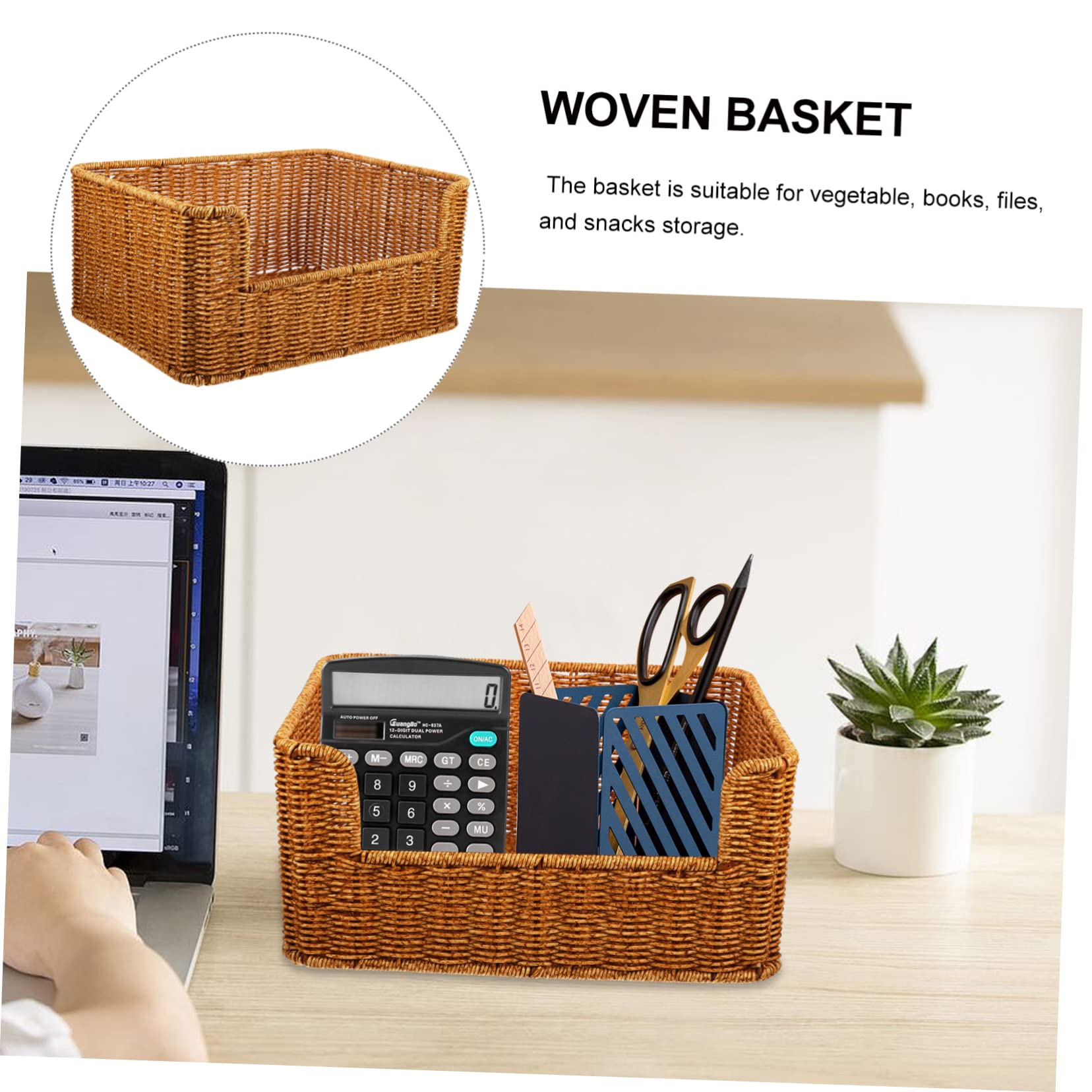 Happyyami Woven Plate Rattan Storage Basket Desktop Sundry Tray Imitation Rattan Woven Basket