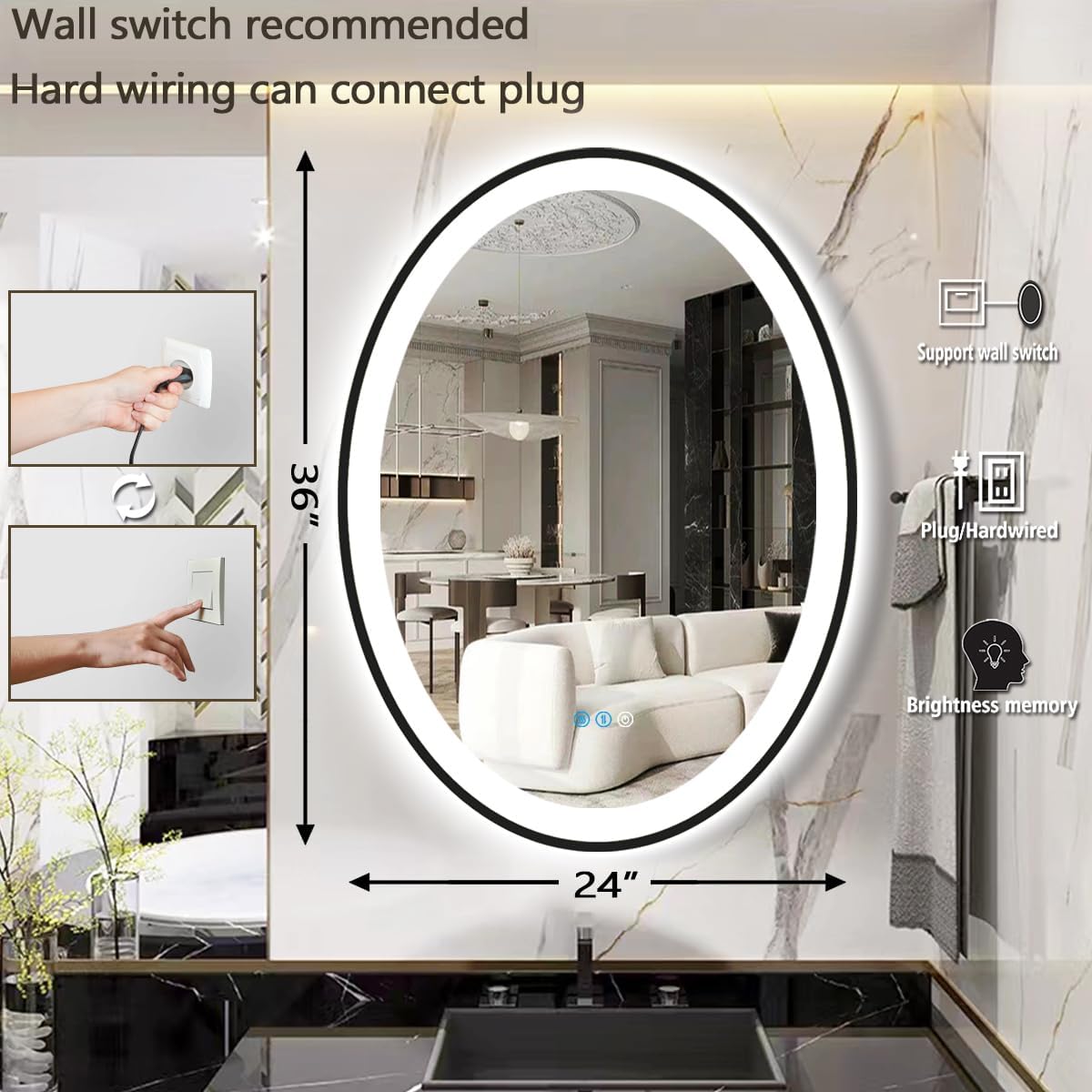 THEKLA 24 x 36 inch Black Frame Oval LED Mirror for Bathroom Salon Wall Mount 36 inch Black Framed Oval Lighted Vanity Mirror with Lights Smart Set Memory 3 Color Dimmable Front Light Anti-Fog