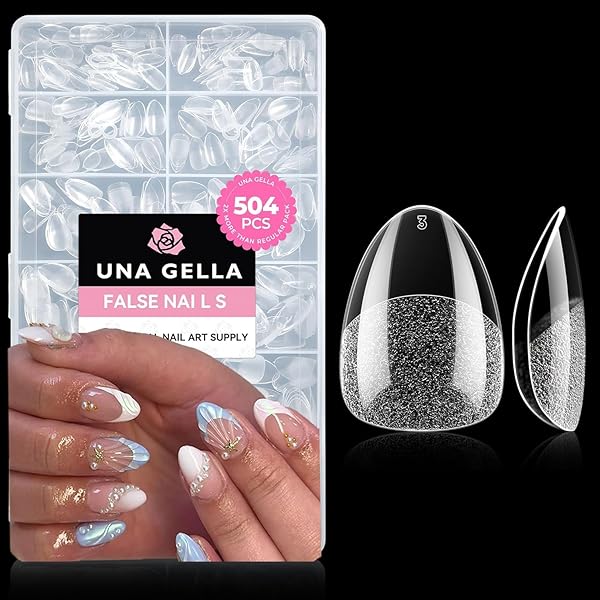 UNA GELLA Tips für Gelnägel Ultra kurze Mandel, 504 Stück 12 Größen Soft Gel Nail Tips Full Cover Klar XXS Nagel Tips für Acryl Nägel zum Aufkleben DIY Art Home