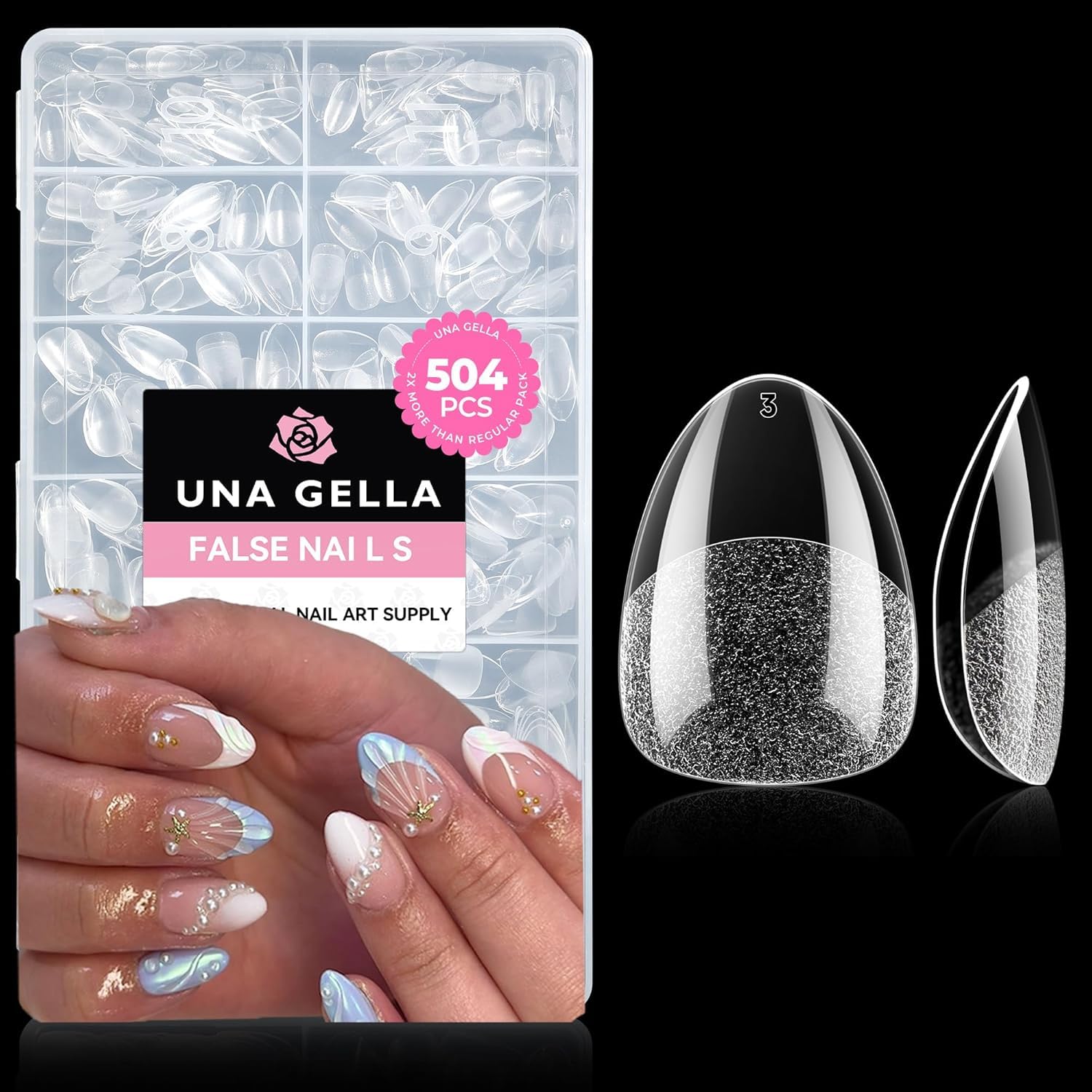 UNA GELLA Tips für Gelnägel Ultra kurze Mandel, 504 Stück 12 Größen Soft Gel Nail Tips Full Cover Klar XXS Nagel Tips für Acryl Nägel zum Aufkleben DIY Art Home