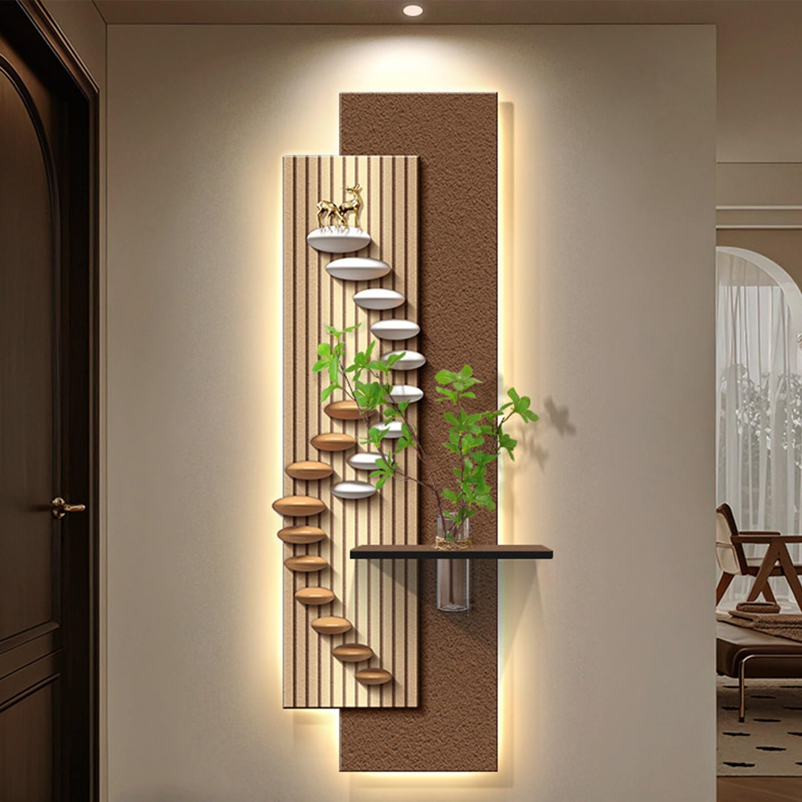 PGZMDTWI Modern 3D Sandstone Wall Art, Lighted Textured Sculpture with Glass Vase for Living Room Entryway Décor(B,60 * 180CM .7 * 70.9IN)
