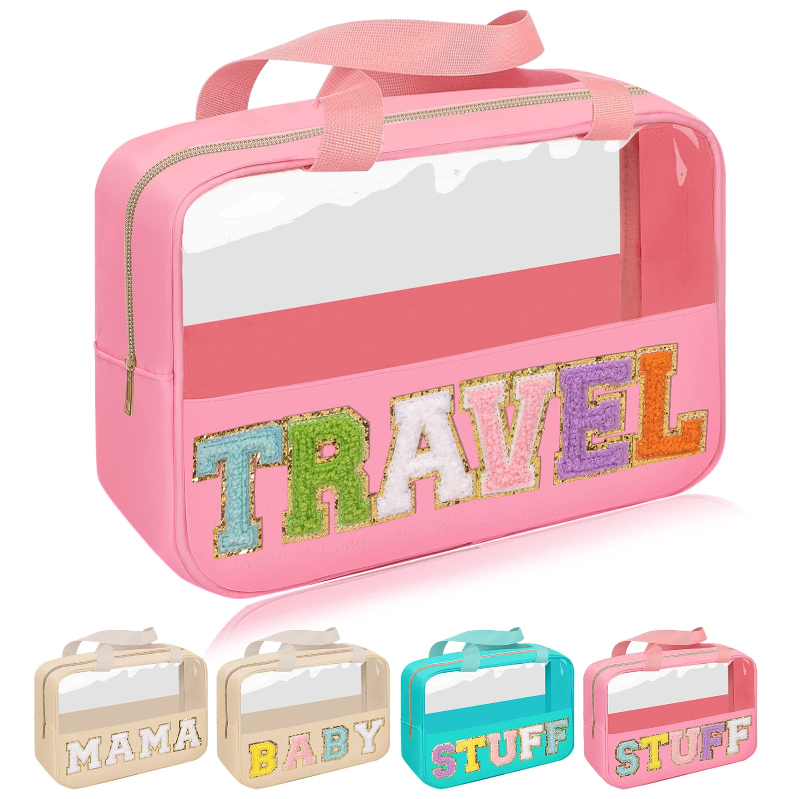 Chenille Letter Patch Travel Bag, Preppy Clear Makeup Cosmetic Bag Large Toiletry Storage Tote Bag with Handle, Transparent Nylon Waterproof Organizer