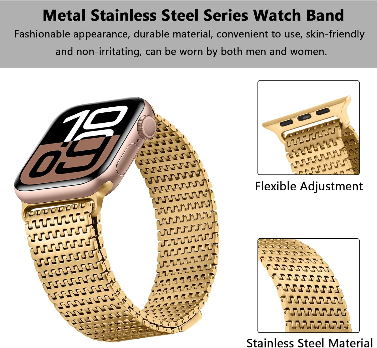 Anlinser Bands Compatible with Apple Watch Band 46mm 45mm 44mm 42mm for Women Men, Magnetic Metal Bands Stainless Steel Loop Strap Designed for iWatch Series 11 10 9 8 7 6-1 SE, Gold - Image 4
