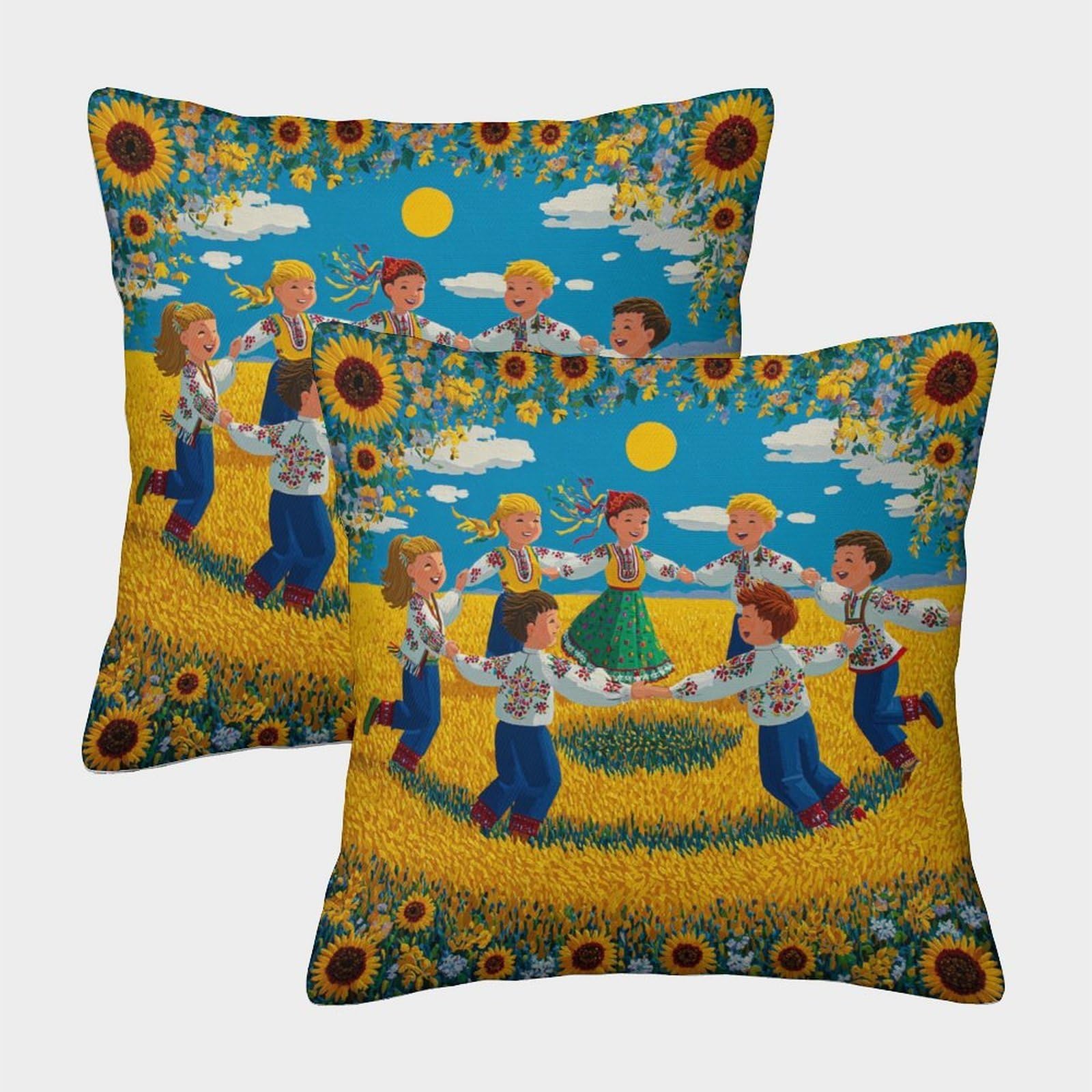 kaiyun 2 Pack Digital Printing 3D Children Are Dancing A Waltz in The Wheat Field And Sunflowers Theme Square Cushion Cover 45x45cm Suitable for Outdoor Home Bed Decoration Pattern