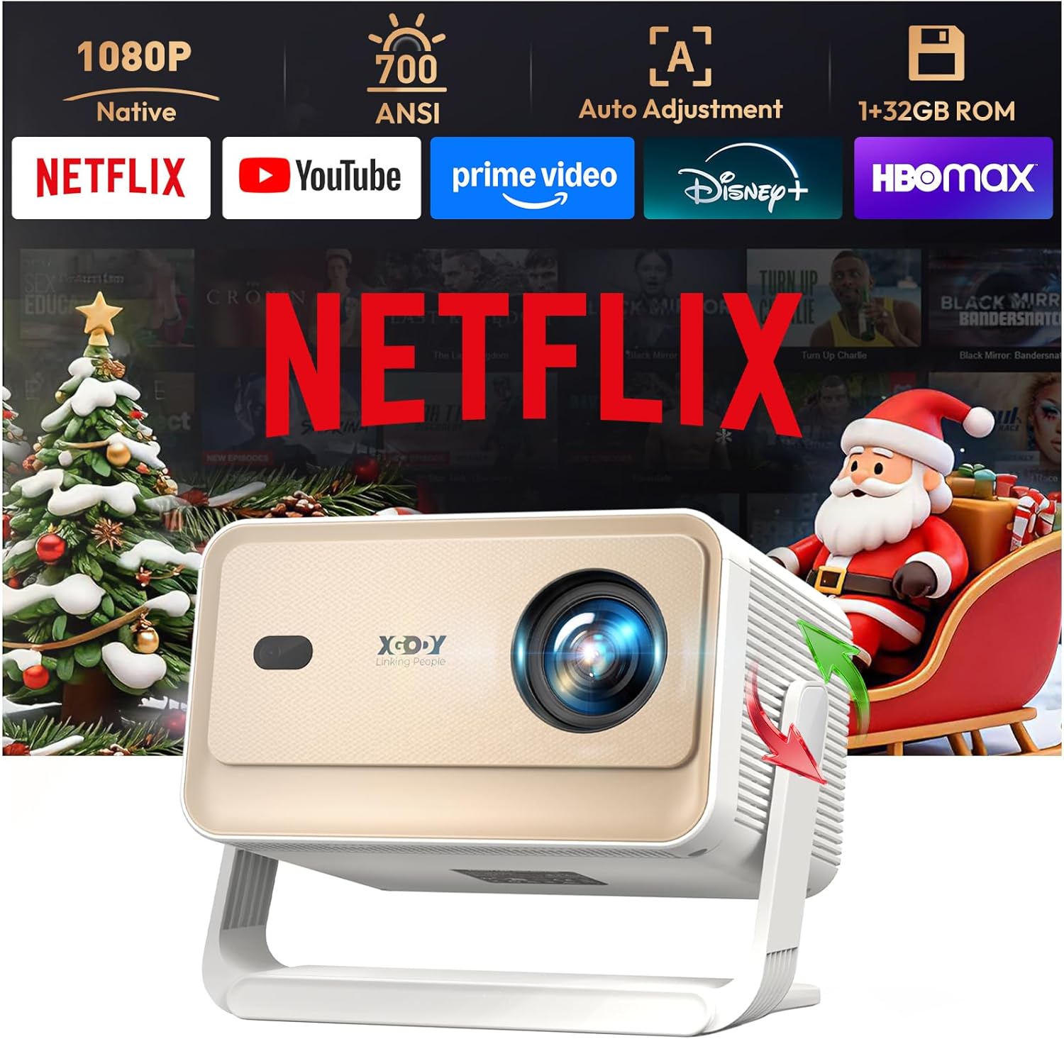 【Compatible with Netflix & Auto Focus】Xgody Gimbal N6 PRO 700 ANSI Native 1080P Smart Projector with WiFi 6 and Bluetooth, 4D Auto Keystone & Voice Controll Portable 4K Support FHD Home Projector