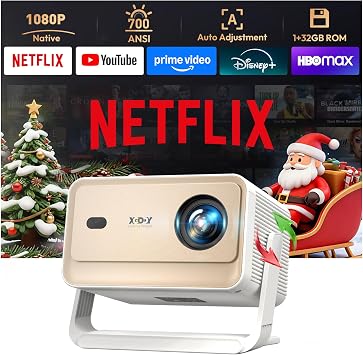 Smart Projector with WiFi 6 and Bluetooth, 700 ANSI Native 1080P, 4K Support, 4D Auto Keystone & Auto Focus, Compatible with Netflix, Voice Control, FHD Home Theater Projector, Xgody Gimbal N6 Pro