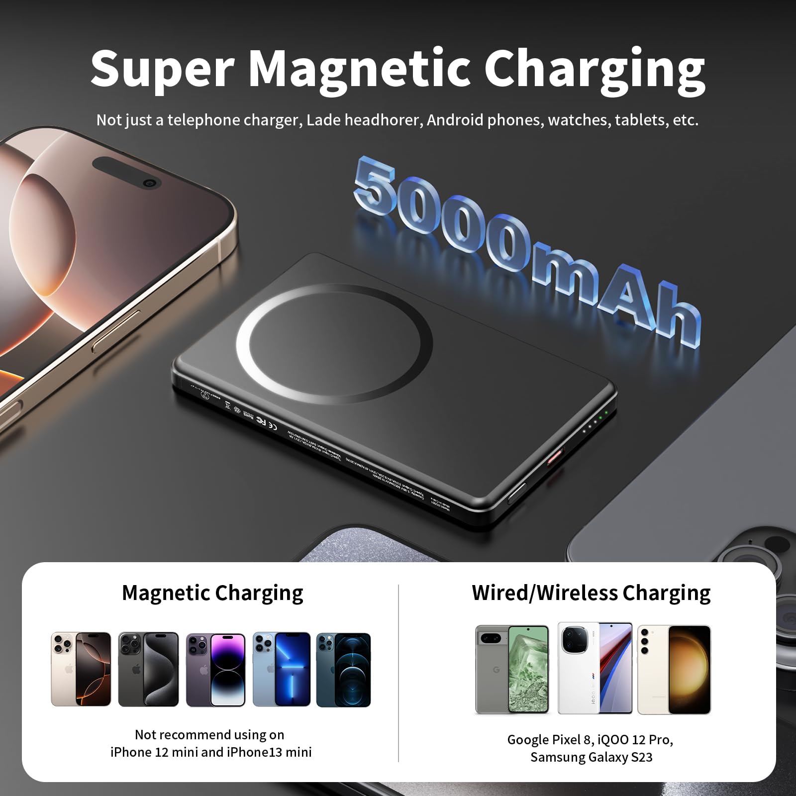 PULSE® Nieuwe Magnetische Draadloze Powerbank 5 000 mAh - Snelladen voor iPhone en Samsung - Compatibel met MagSafe en Inductie - LED Scherm - Compact en Licht Ontwerp