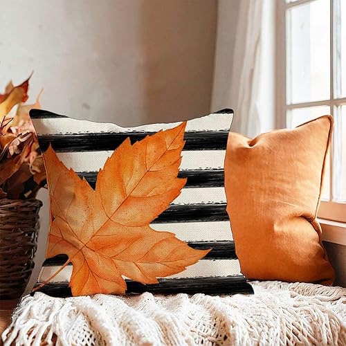 Miniatura 6 de PANDICORN Juego de 4 fundas de almohada decorativas de otoño a rayas negras de 12 x 20 pulgadas, diseño de hojas de calabaza de Hola, granja, otoño,