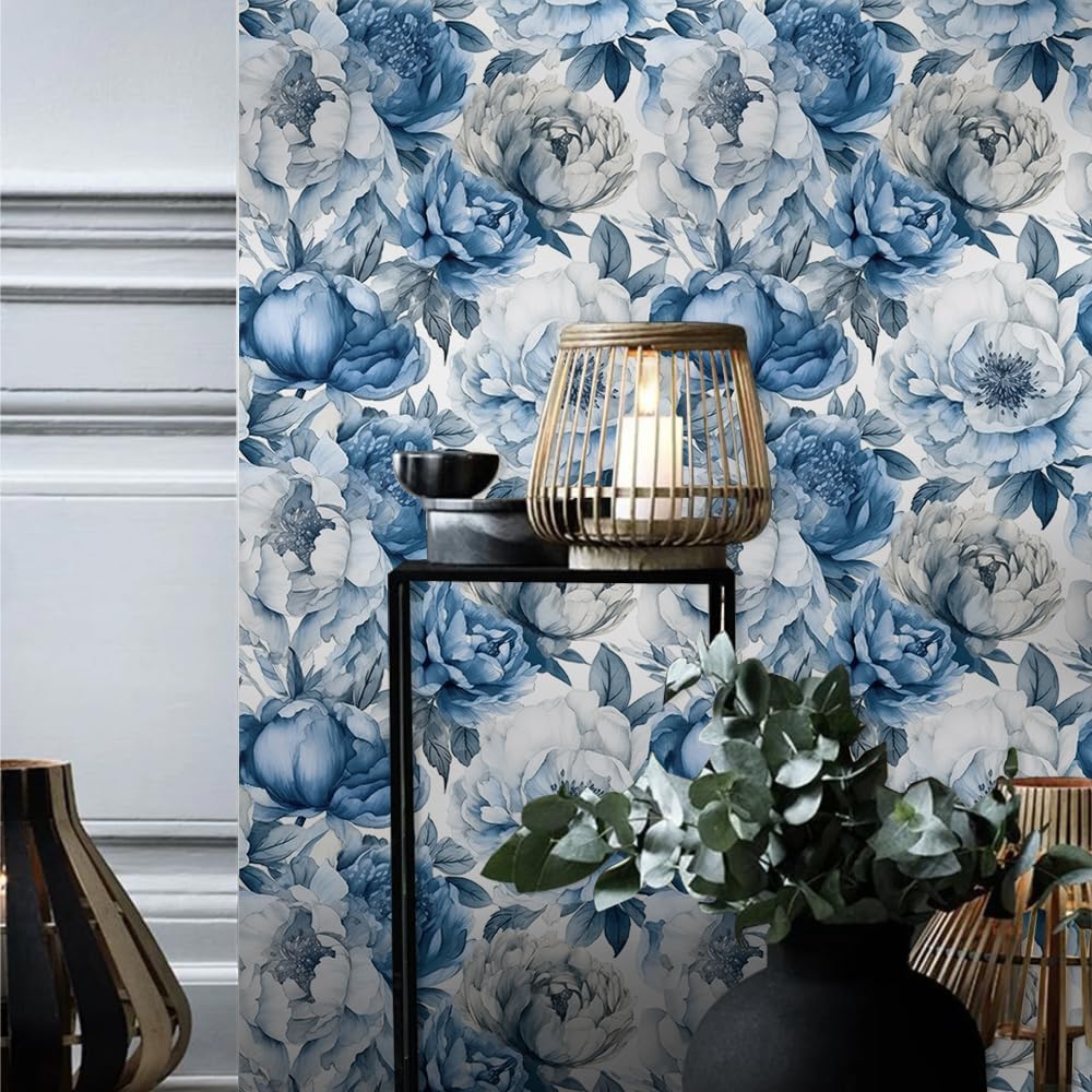18"x236" Watercolor Gray Blue Peony Flower Abstract Peel and Stick Self Adhesive Wallpaper Removable Contact Paper Stick on Easy Peel Off Wall Paper for Kitchen Bedroom Bathroom Renter