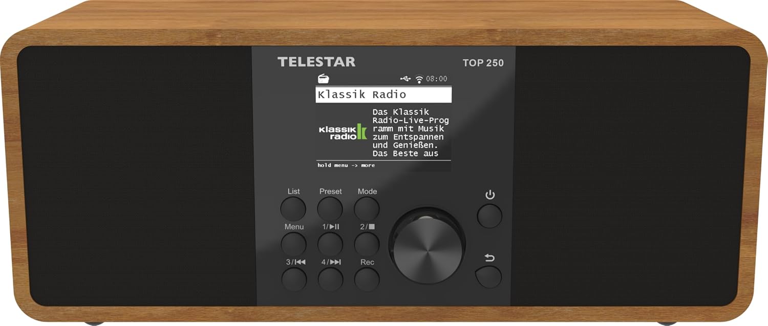 TELESTAR TOP 250 – DAB+/radio internetowe (stereo, 2 × 10 W, funkcja nadawania/odbioru Bluetooth, nagrywanie USB, system alarmowy, sterowanie aplikacją) – drewno