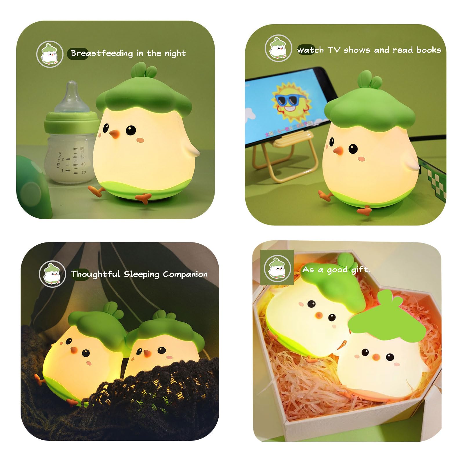 Lámpara de noche plato de pollo pequeño Kiri de silicona con luz nocturna para dormir, regalo de vacaciones, mini adornos pequeños, luz recargable por USB (verde pollito)